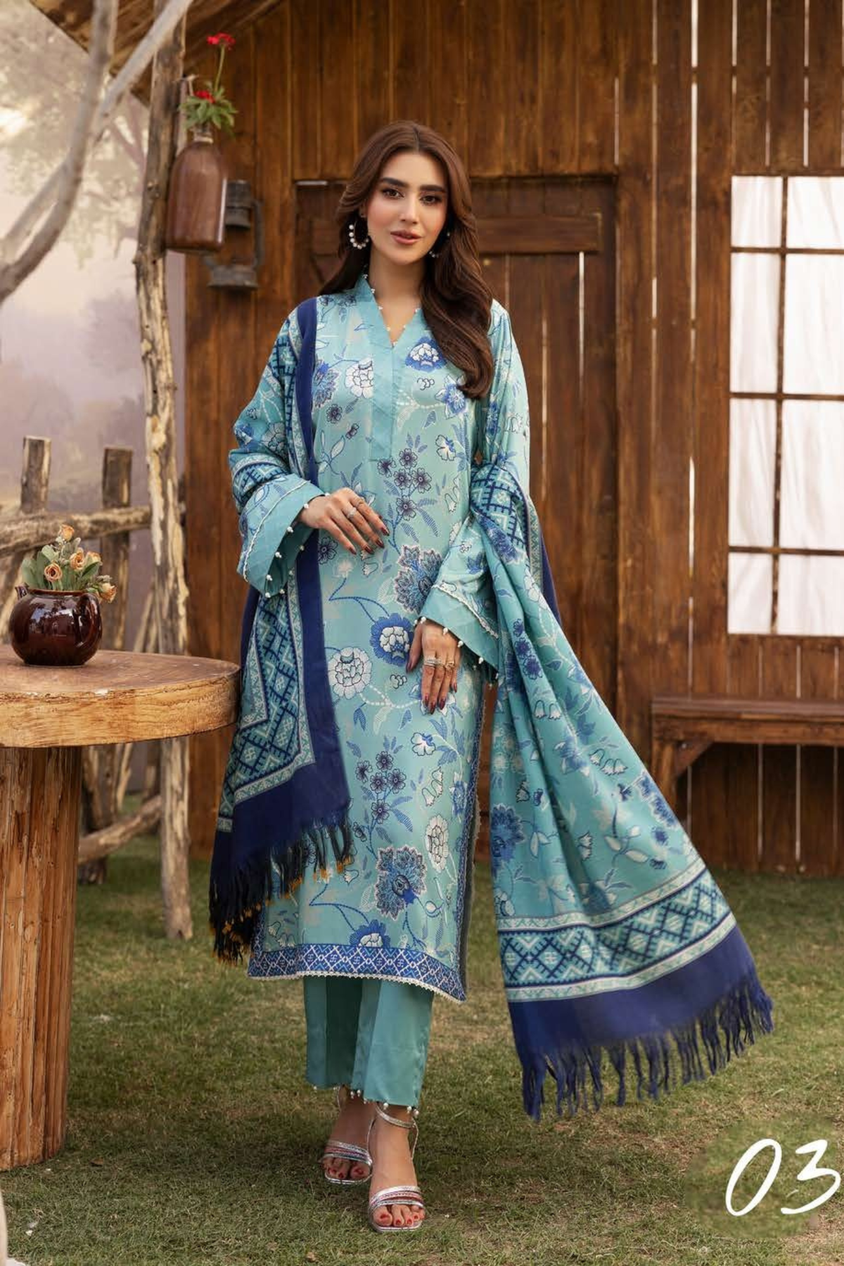 BAHAR BY MAHEES,Printed Silk Marina with Printed Pure China Pashmina Shawl,D-03