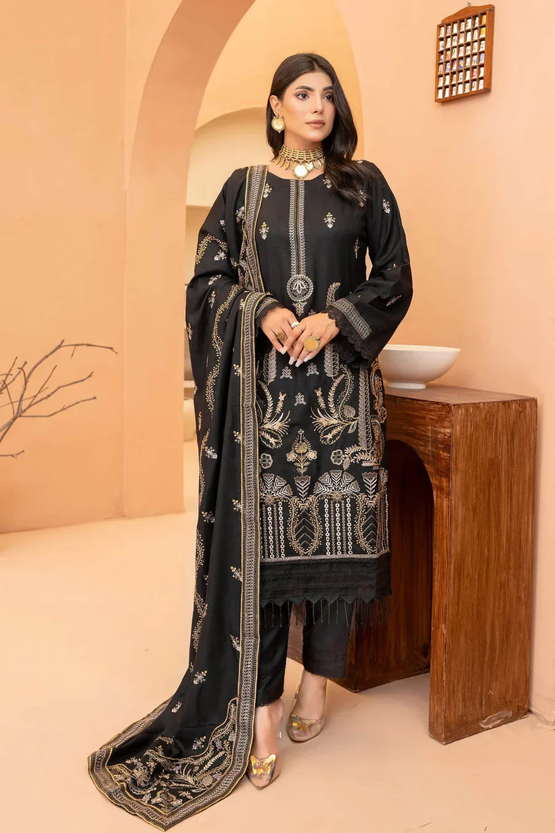 Deep Black 3pc - Embroidered Dhanak Dress ainalif