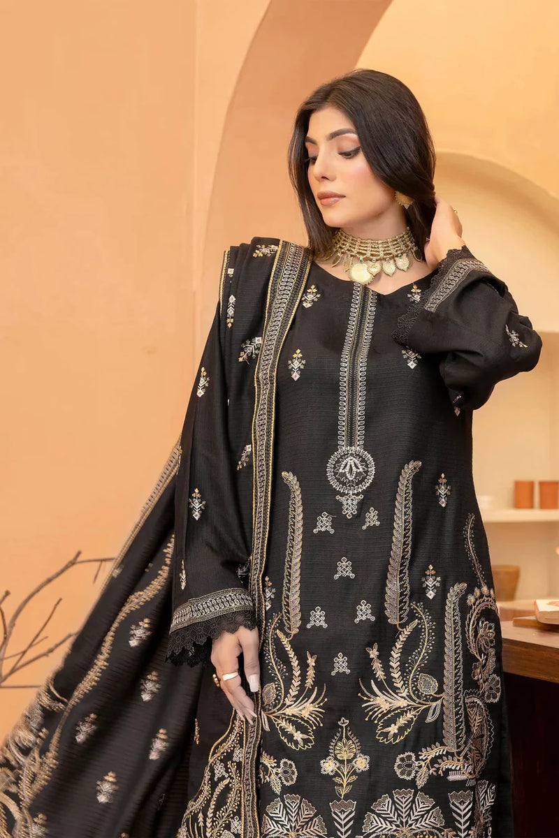 Deep Black 3pc - Embroidered Dhanak Dress ainalif