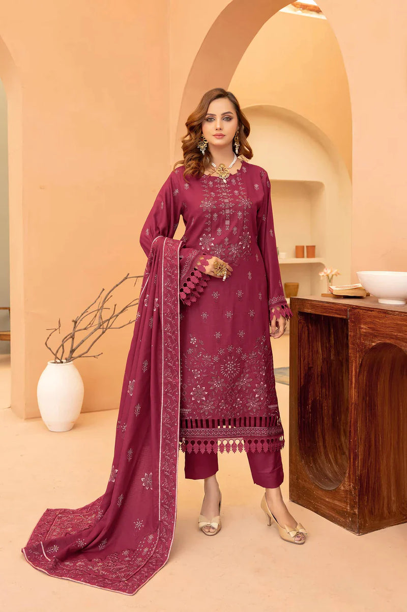 Burgundy 3pc - Embroidered Dhanak Dress ainalif