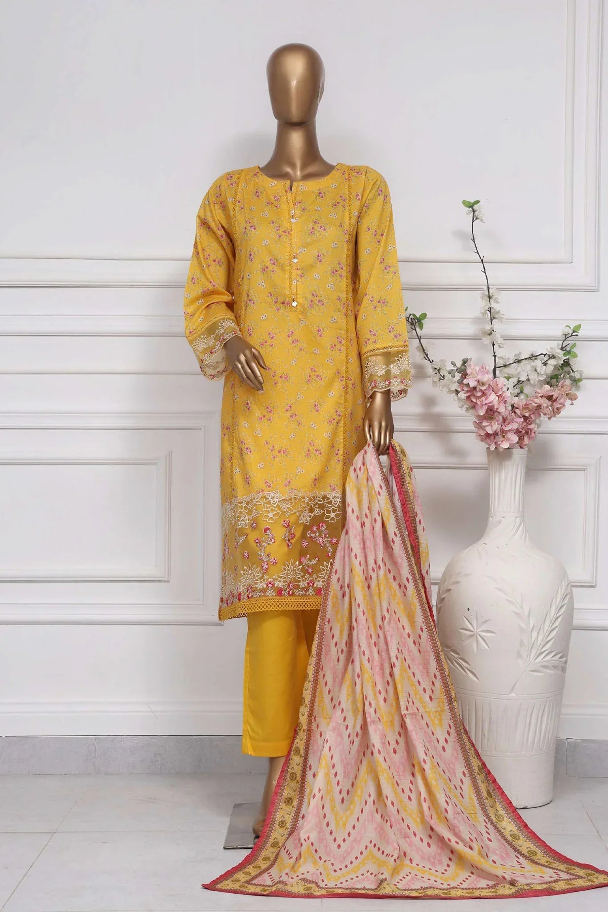 Raya By Sada Bahar Stitched 3 Piece Festive Emb Lawn Collection-AS-1019-Yellow