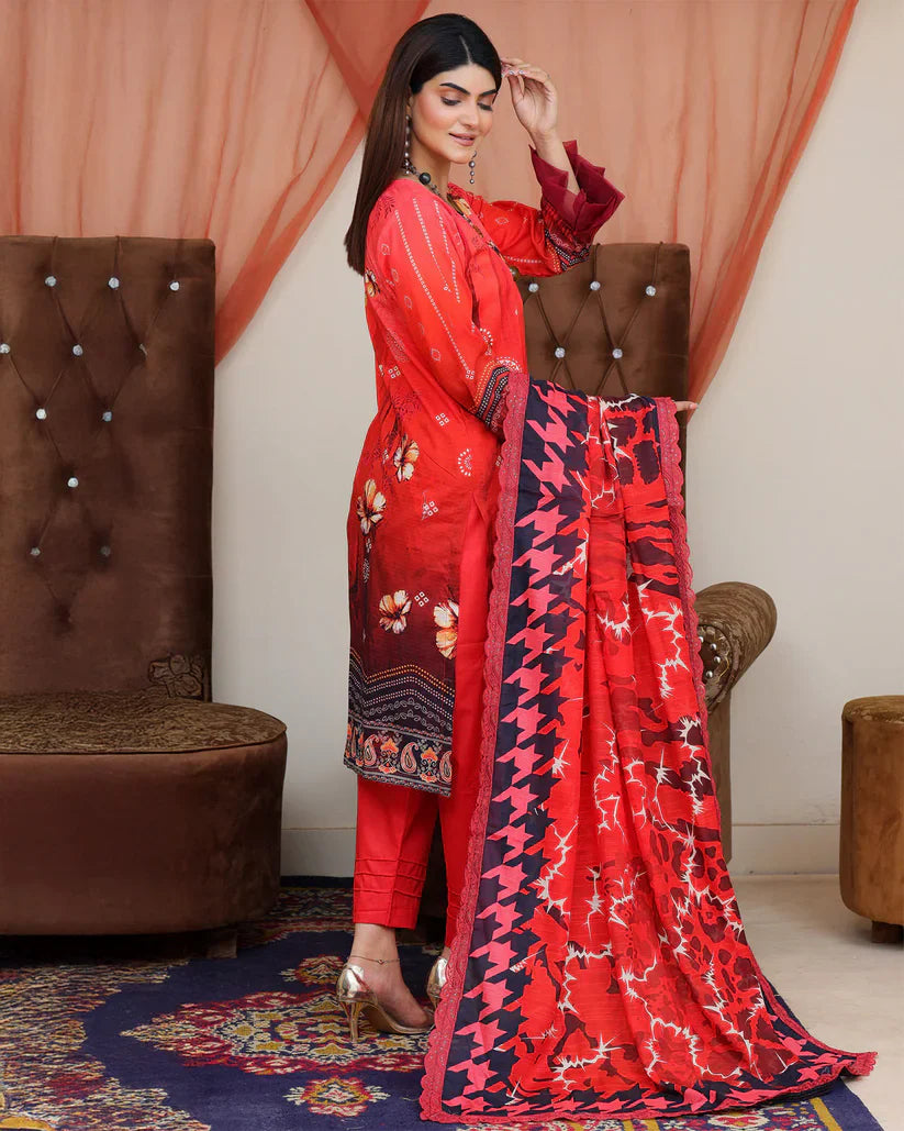Digital Printed Bana Dora EMB Lawn - 3Pc - SR-25 - D-08