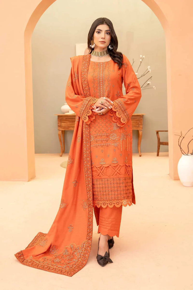 Burnt-Orange 3pc - Dhanak Embroidered Dress ainalif