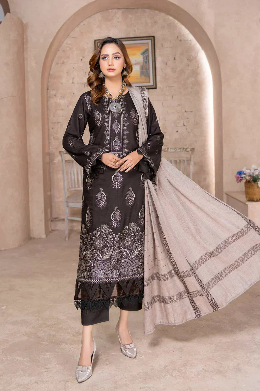 Bistre - Dhanak With Pashmina Shawl - 3pc