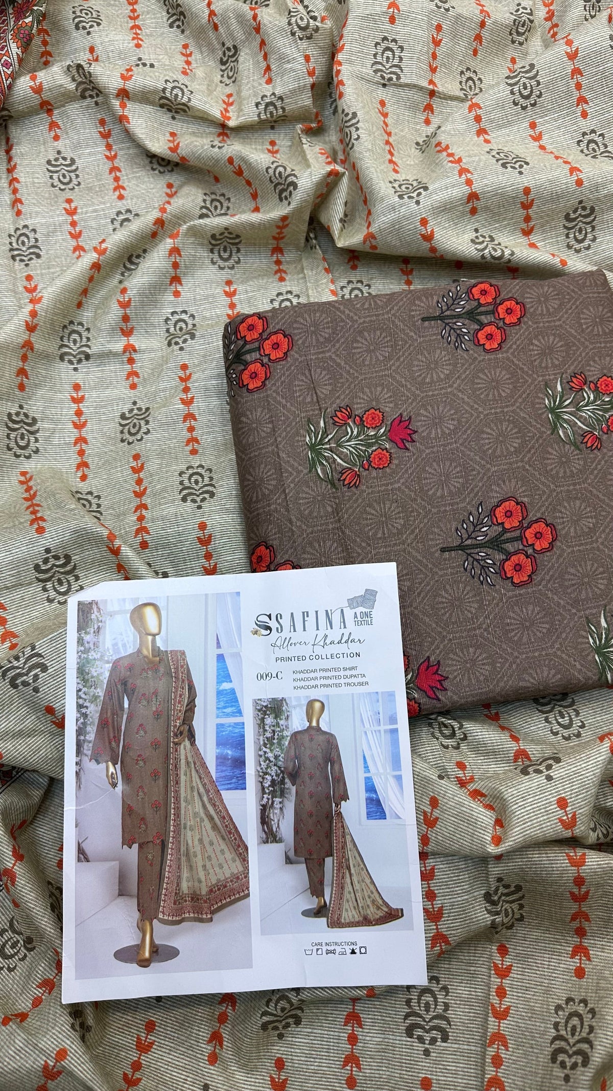 Safina 3pcs unstitched Slub khaddar/cotton 009-C