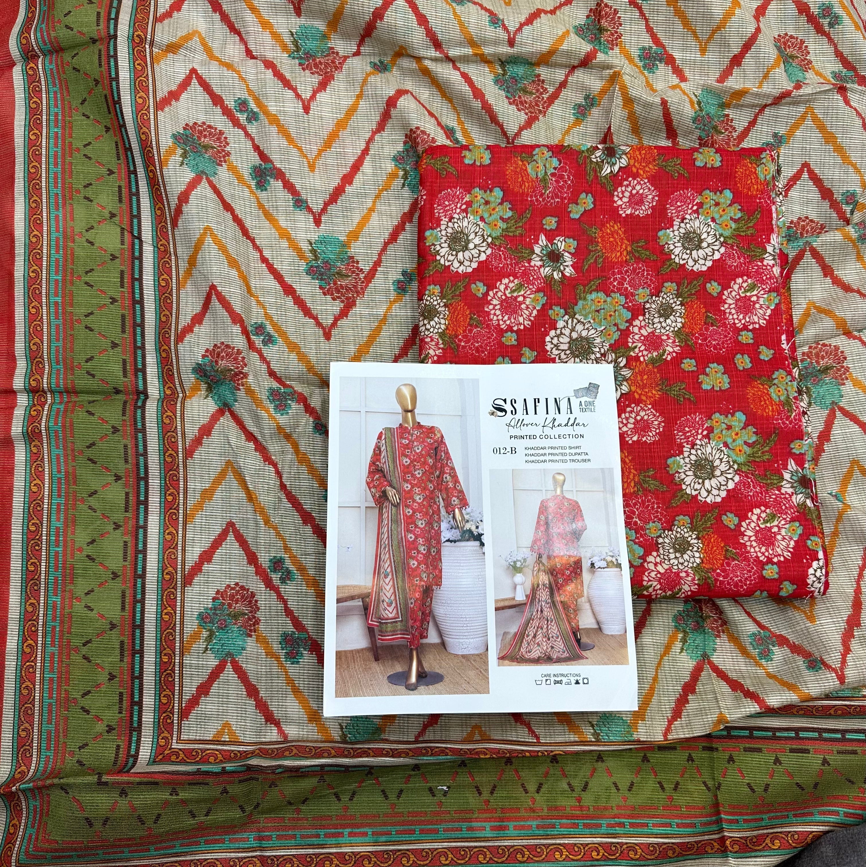 Safina 3pcs unstitched Slub khaddar/cotton 012-b