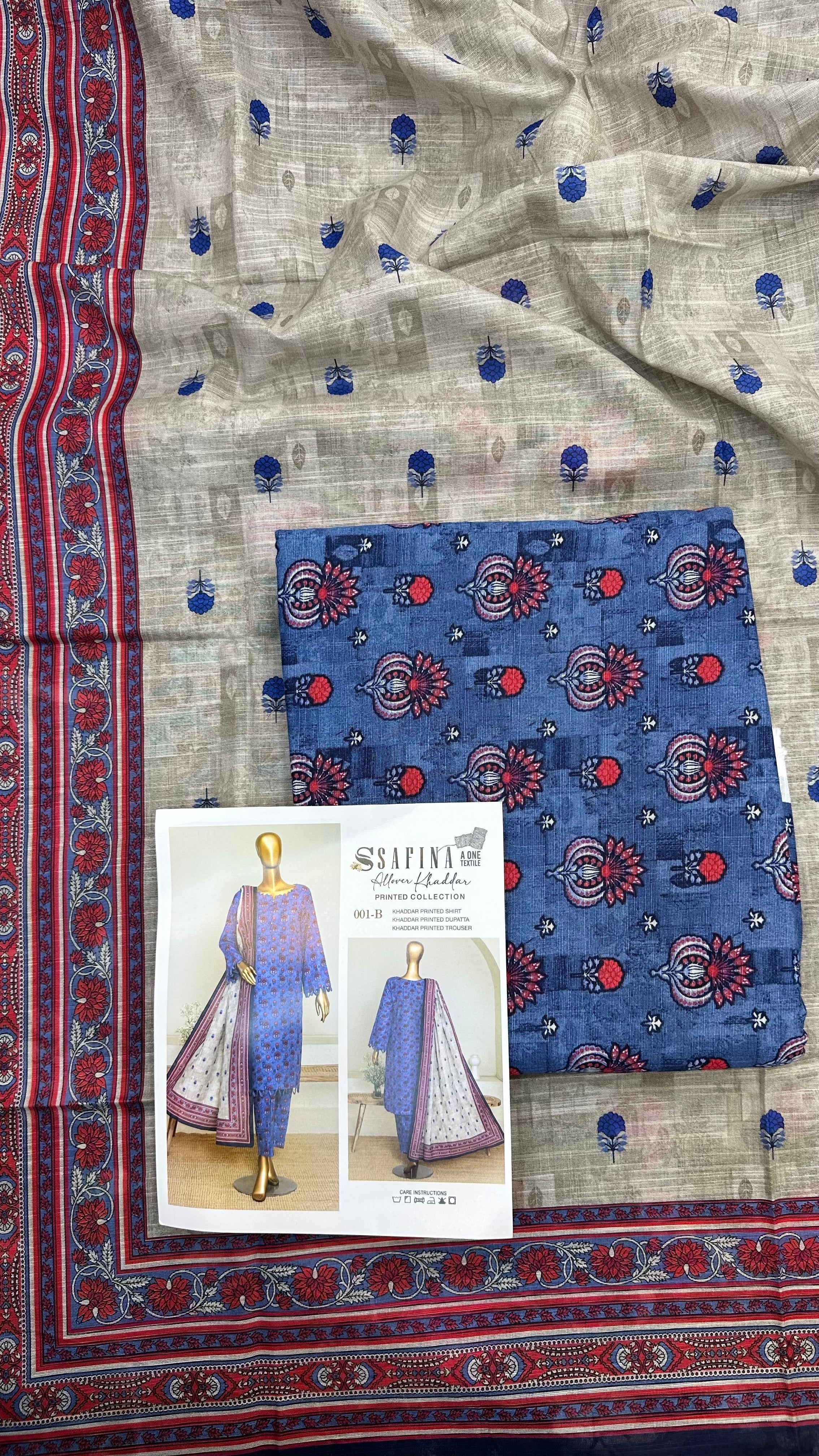Safina 3pcs unstitched khaddar/cotton 001-B