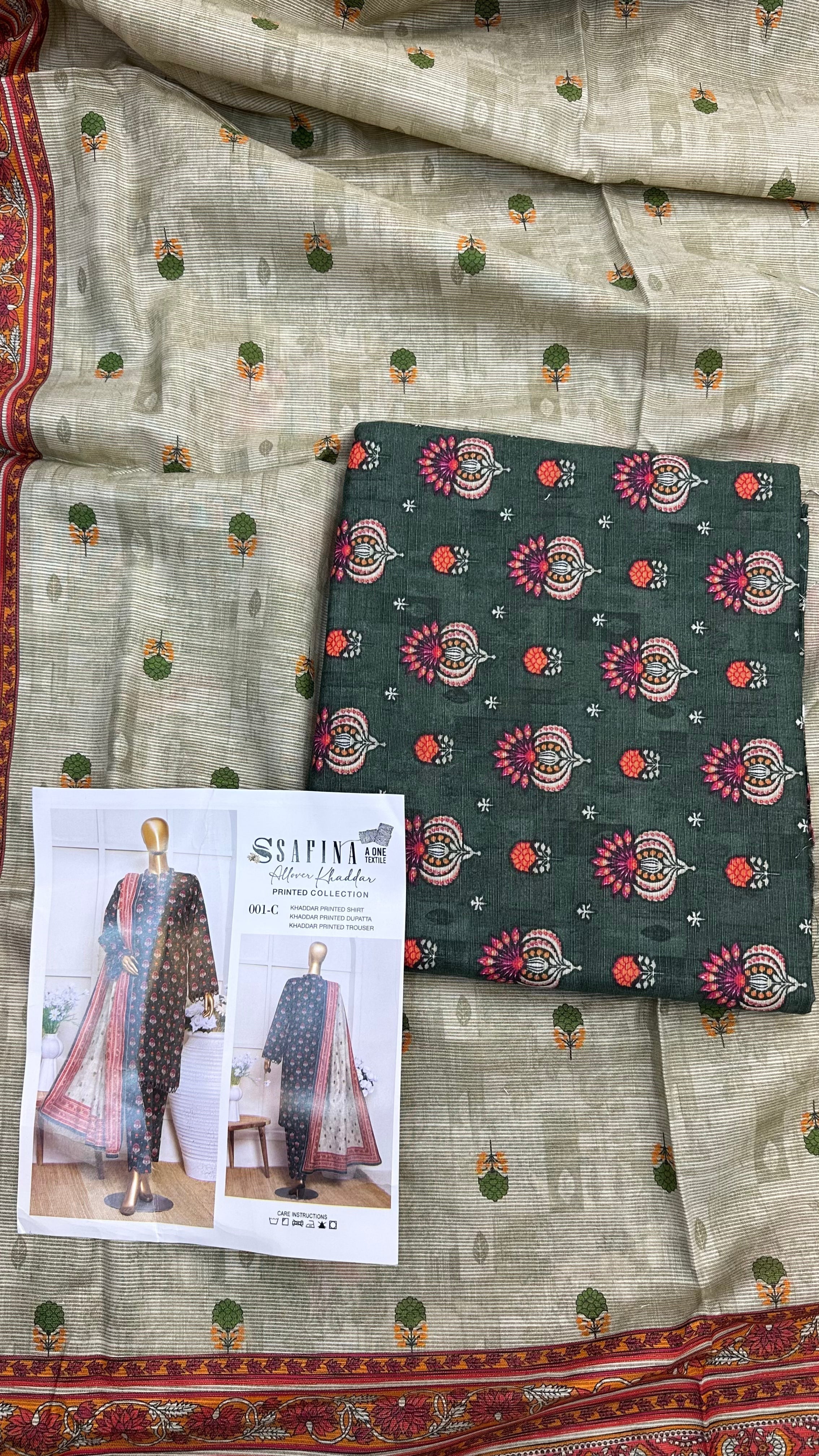 Safina 3pcs unstitched Slub khaddar/cotton 001-c