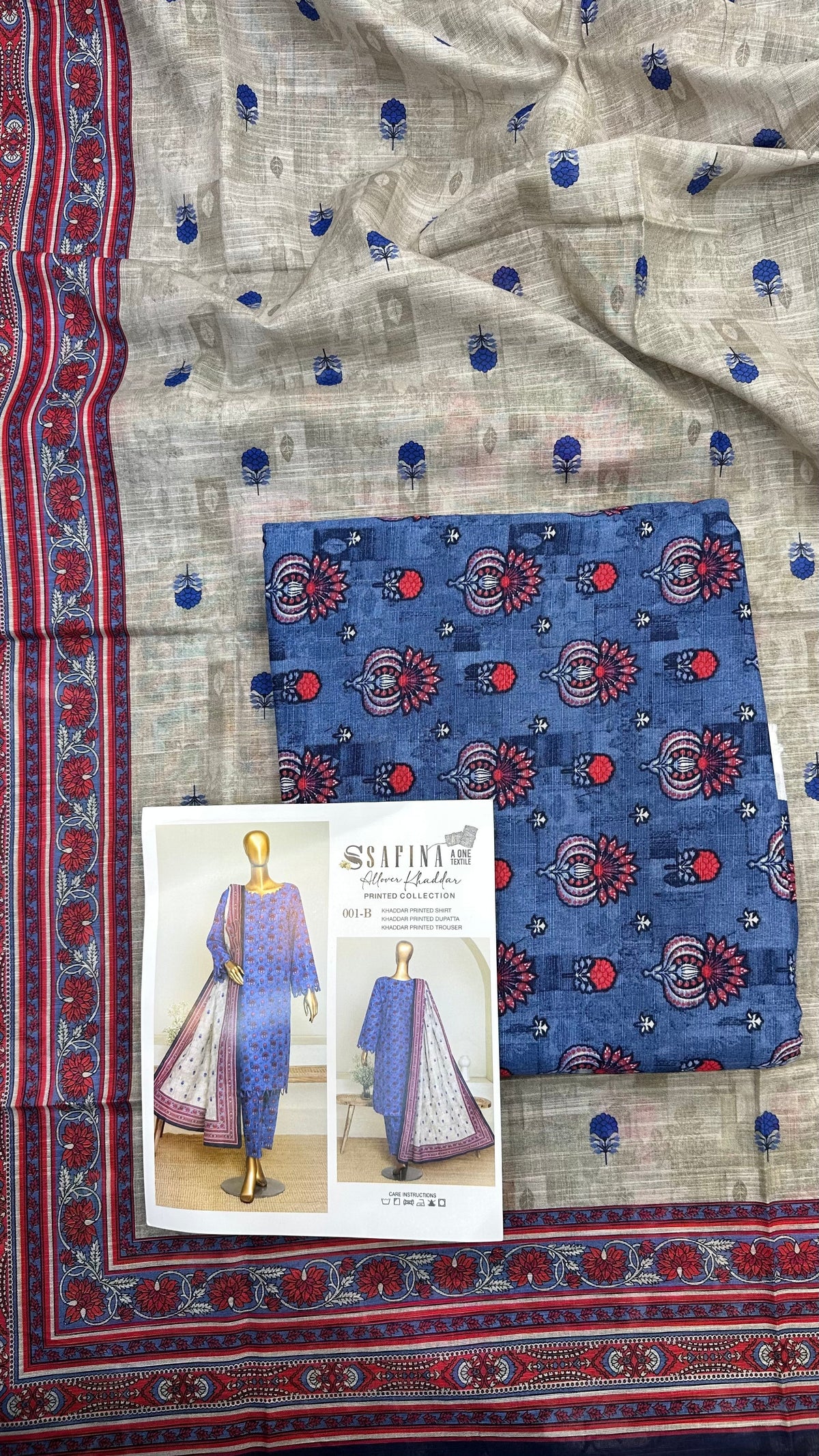 Safina 3pcs unstitched khaddar/cotton 001-B