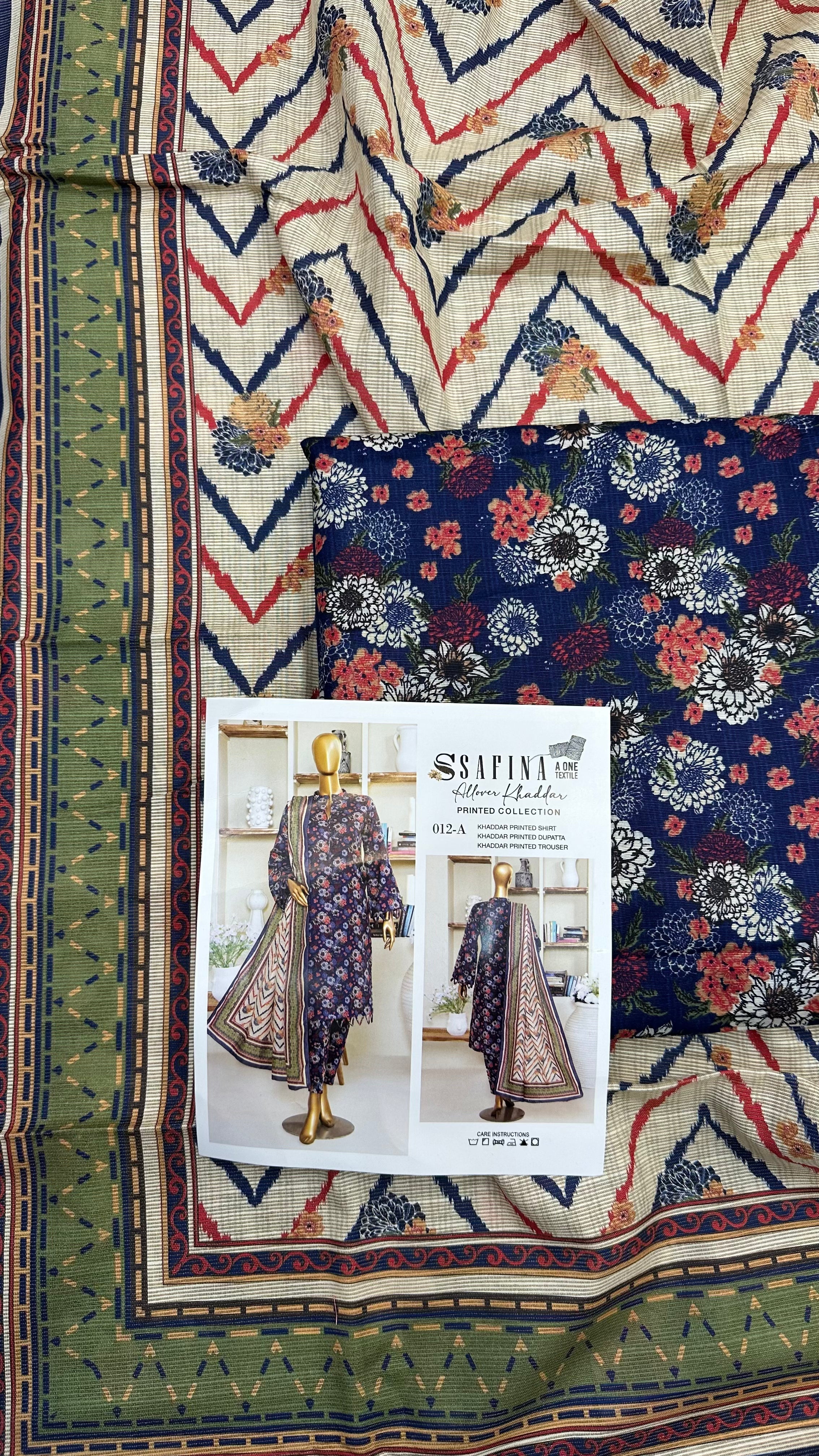Safina 3pcs unstitched Slub khaddar/cotton 012-A