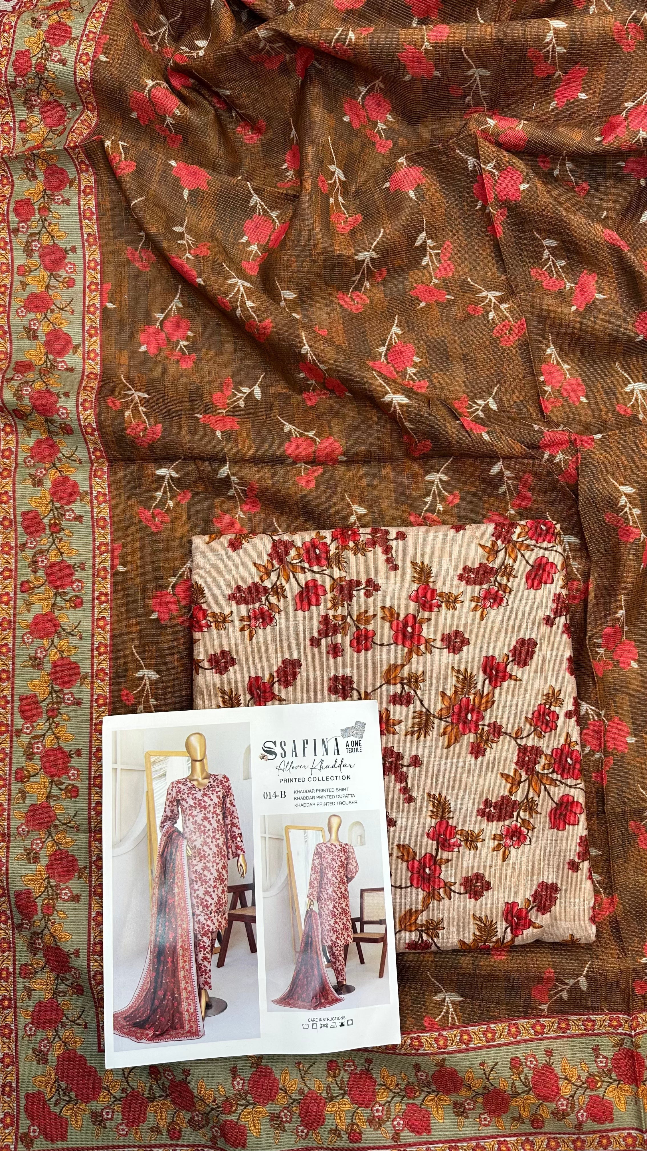 Safina 3pcs unstitched Slub khaddar/cotton 014-B