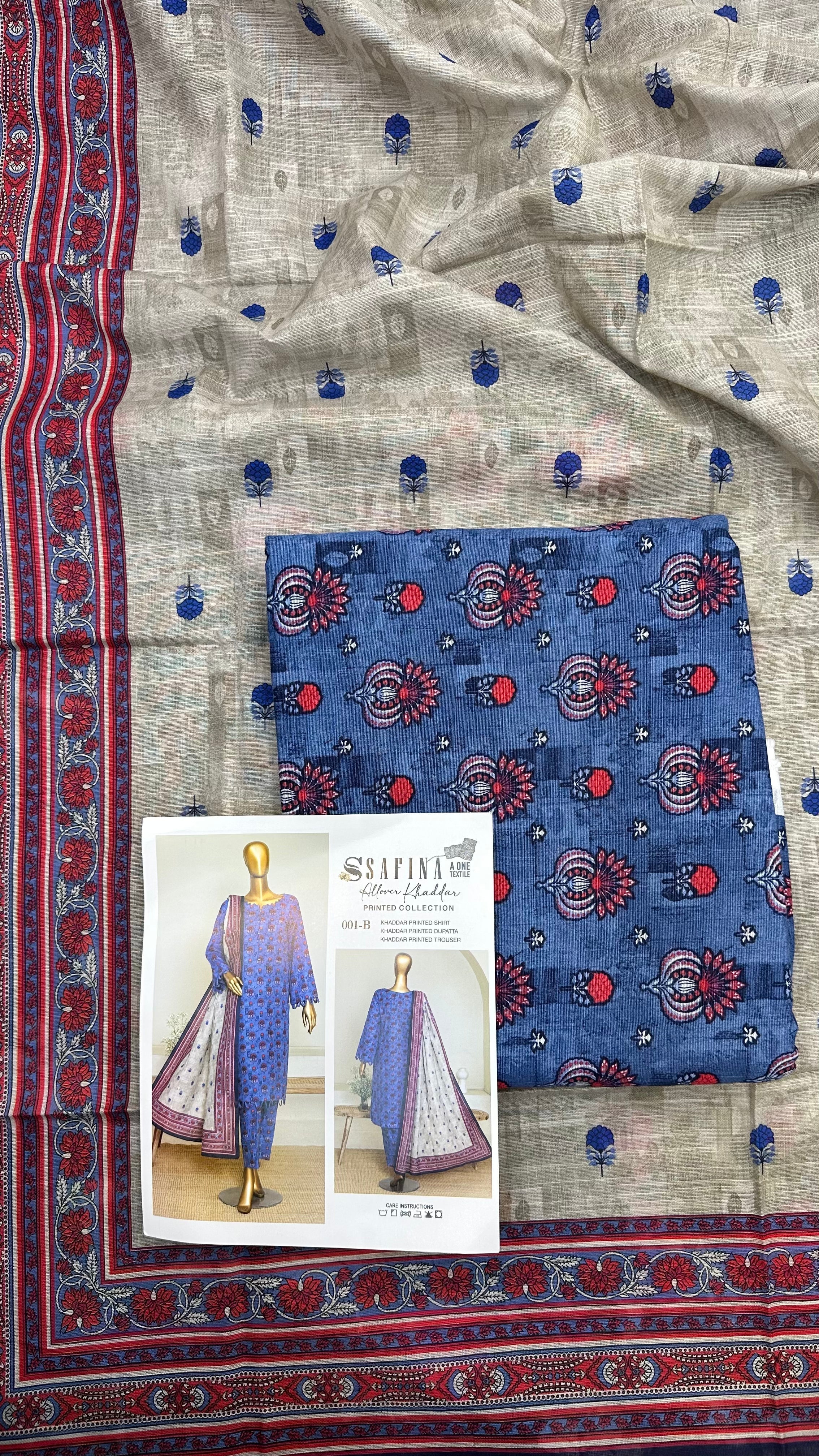 Safina 3pcs unstitched khaddar/cotton 001-B