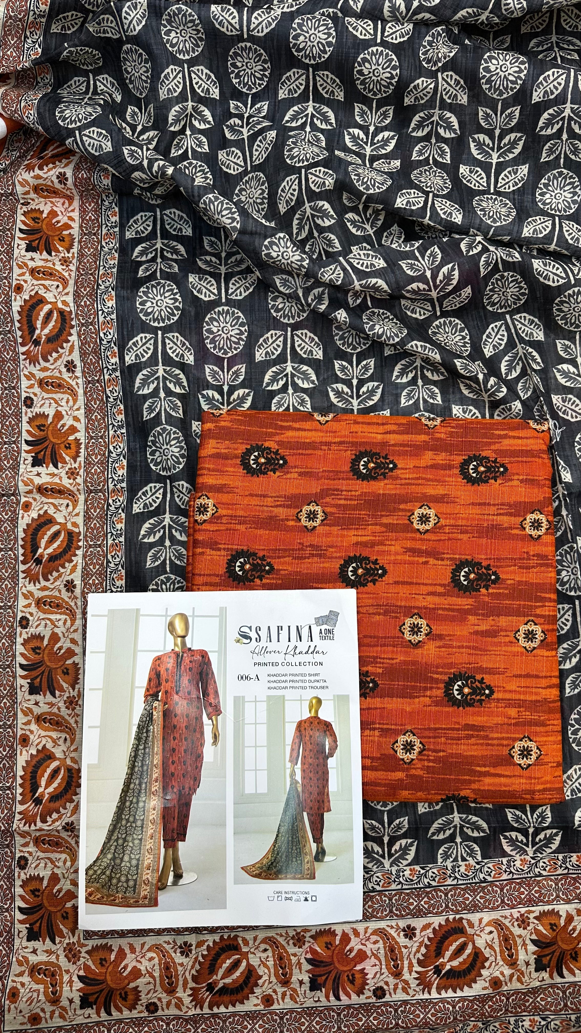 Safina 3pcs unstitched Slub khaddar/cotton 006-A