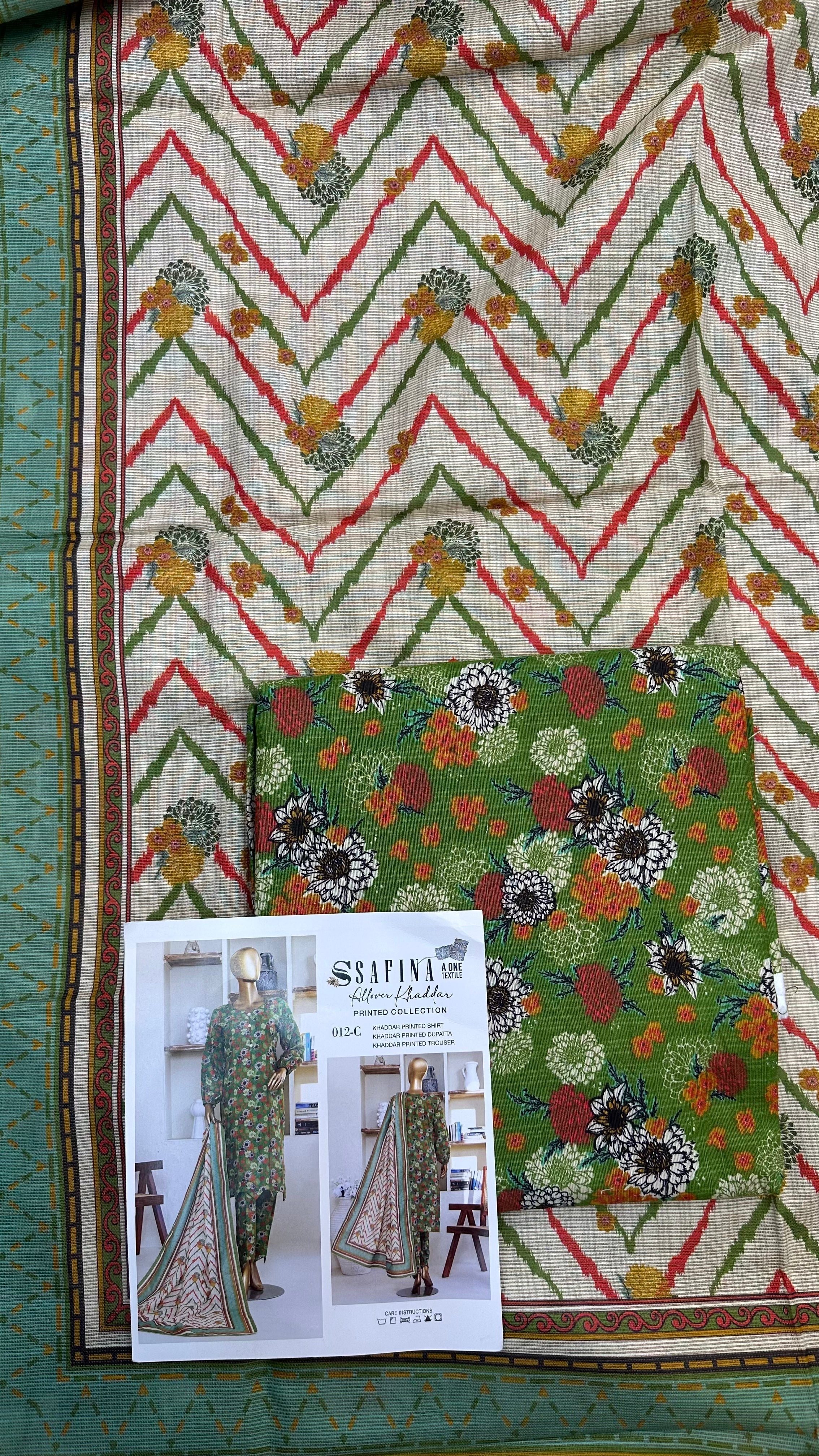 Safina 3pcs unstitched Slub khaddar/cotton 012-C