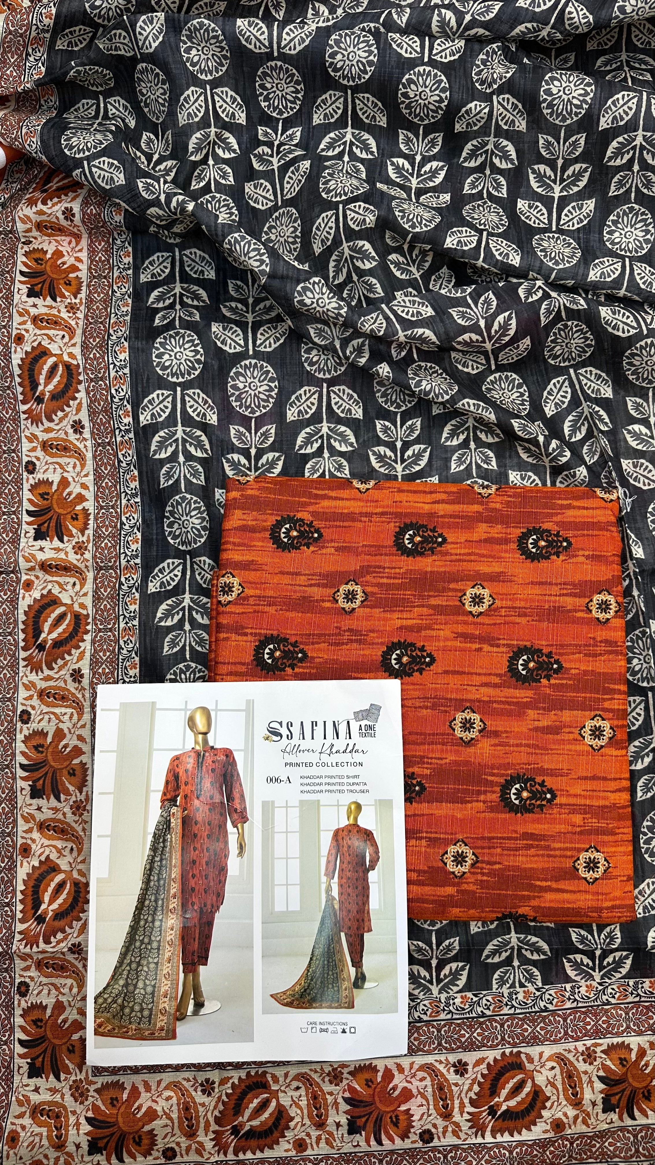 Safina 3pcs unstitched Slub khaddar/cotton 006-A