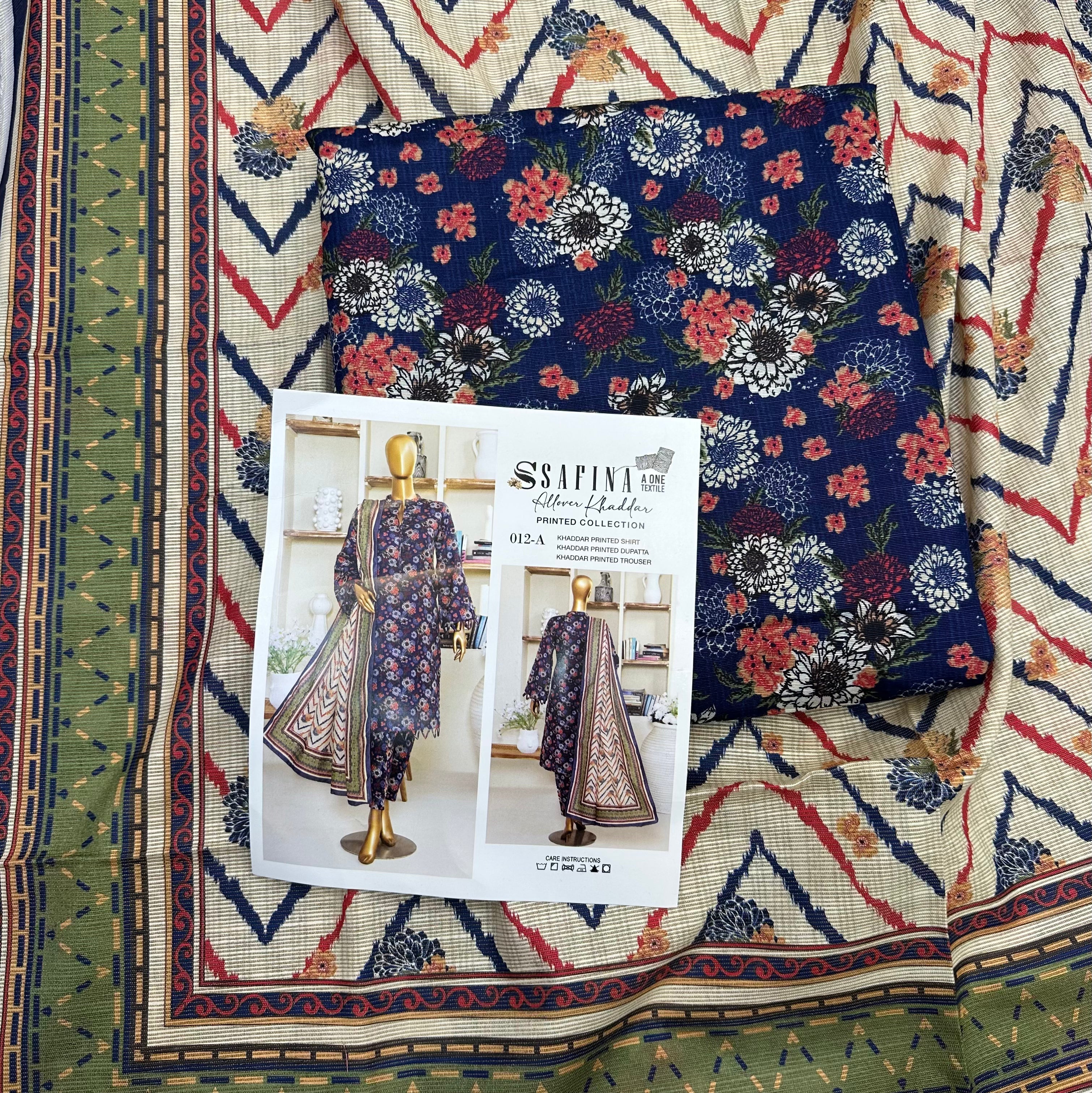 Safina 3pcs unstitched Slub khaddar/cotton 012-A