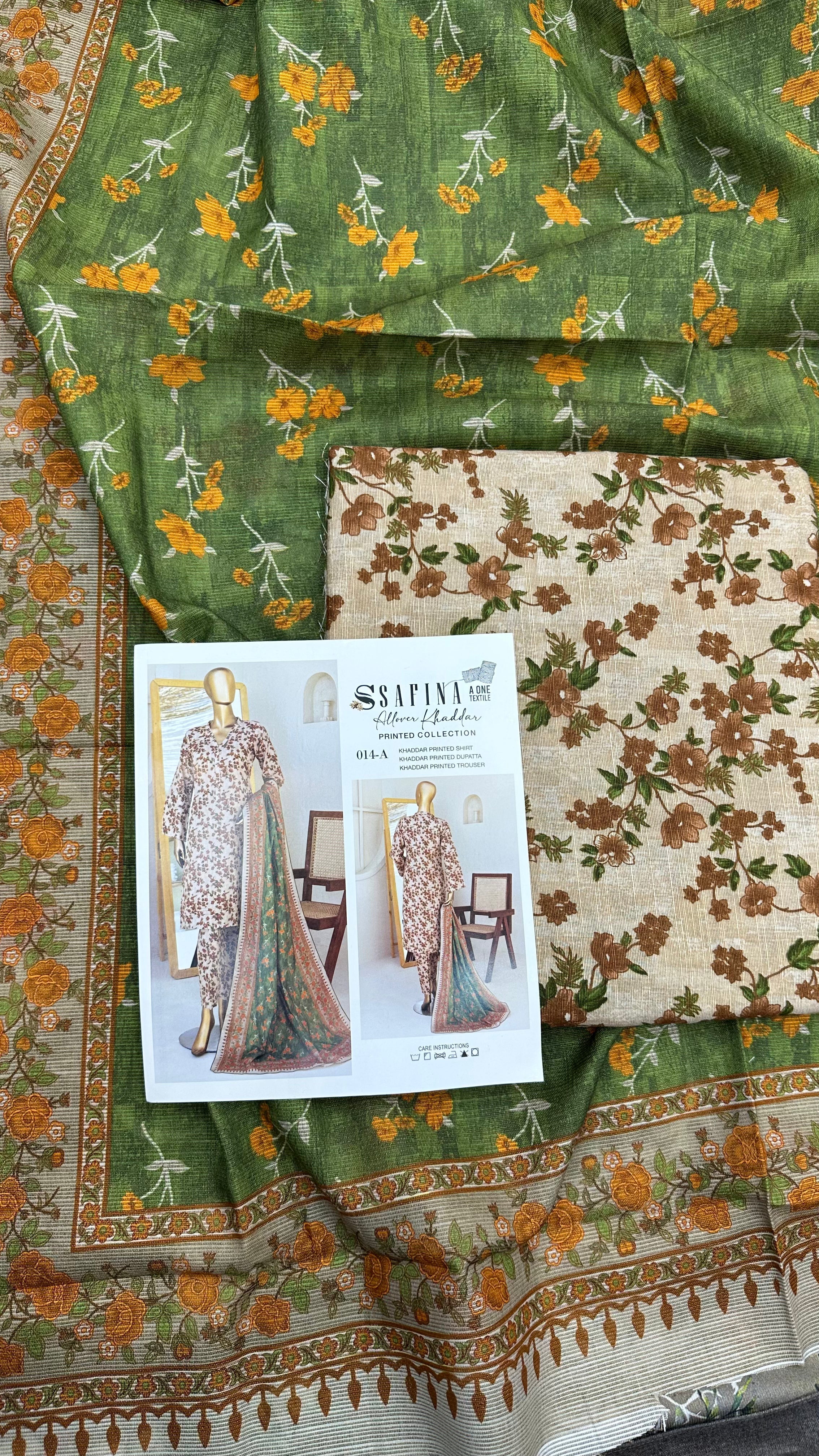 Safina 3pcs unstitched Slub khaddar/cotton 014-A