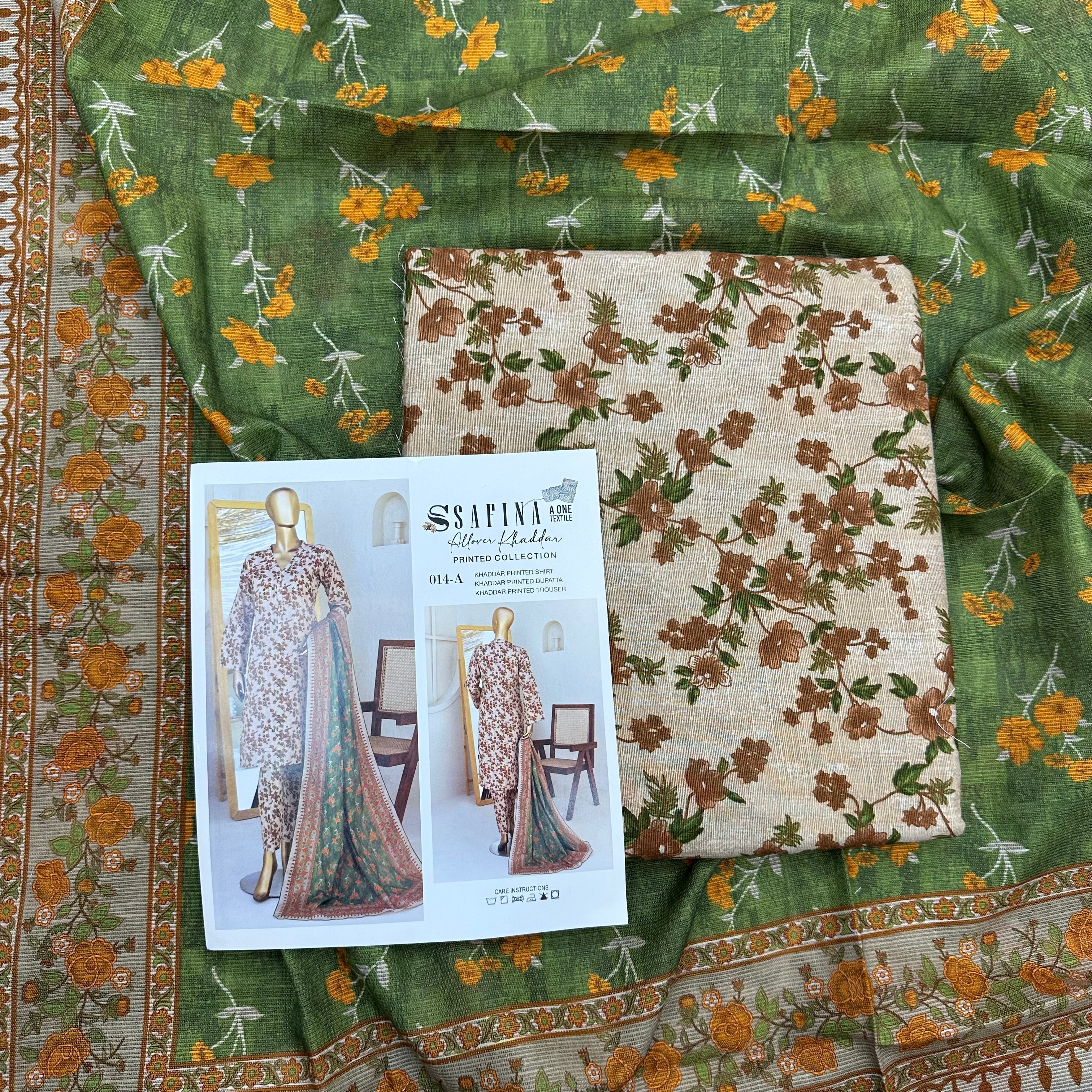 Safina 3pcs unstitched Slub khaddar/cotton 014-A