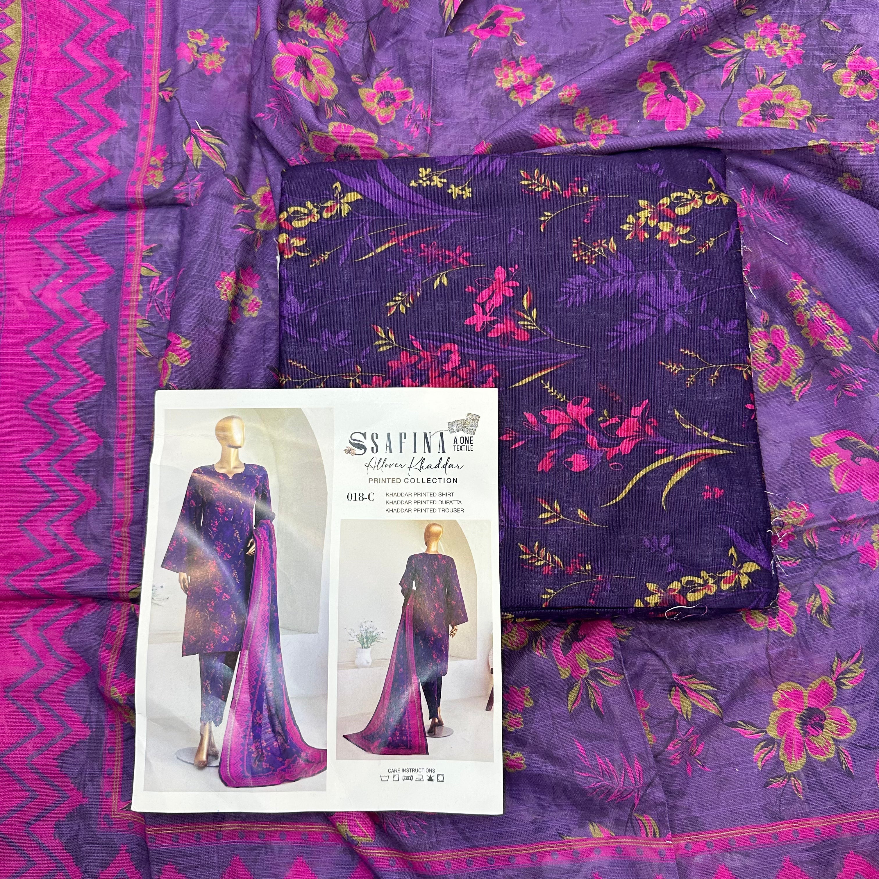 Safina 3pcs unstitched Slub khaddar/cotton 018-c