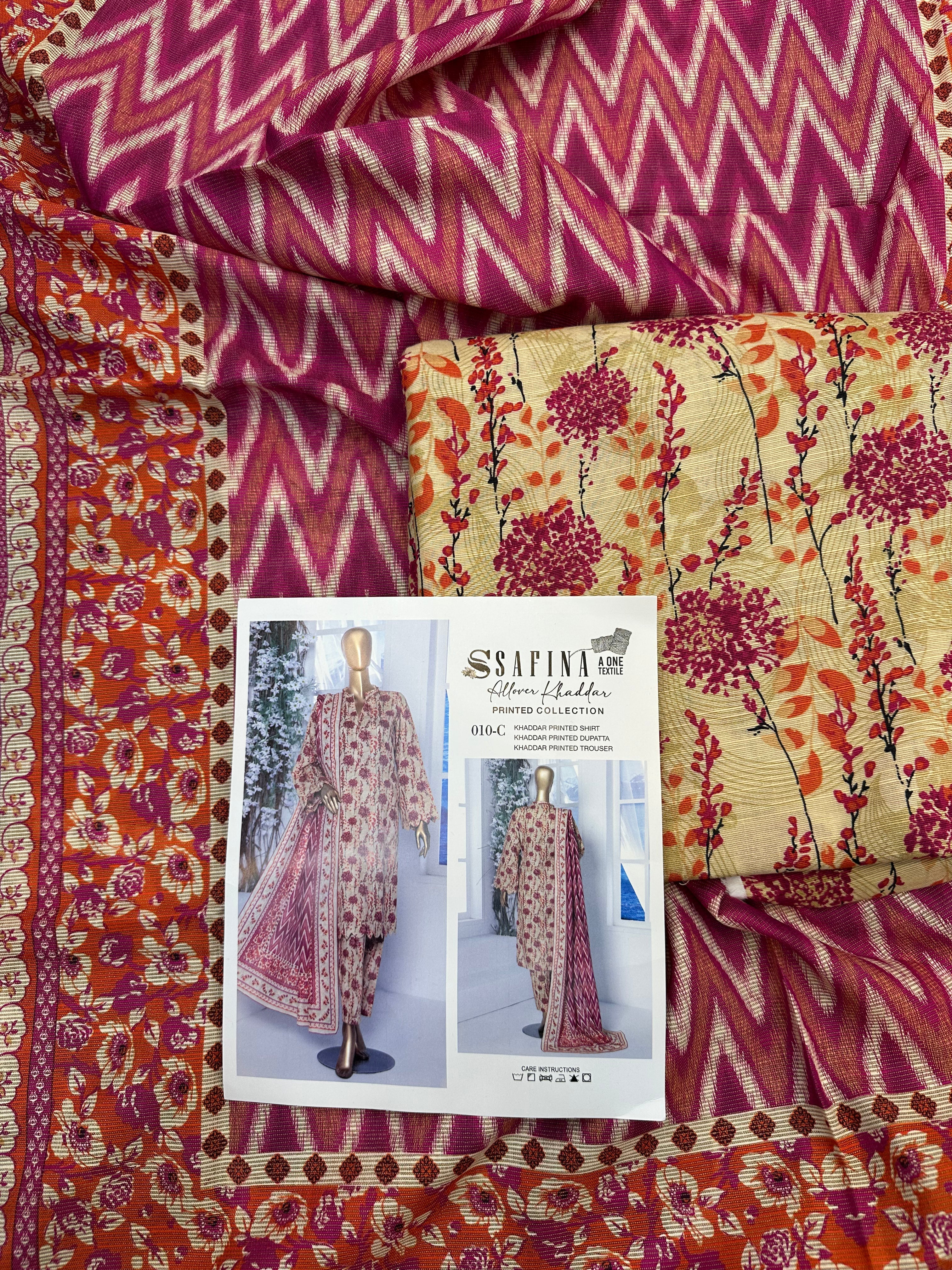 Safina 3pcs unstitched Slub khaddar/cotton 010-c