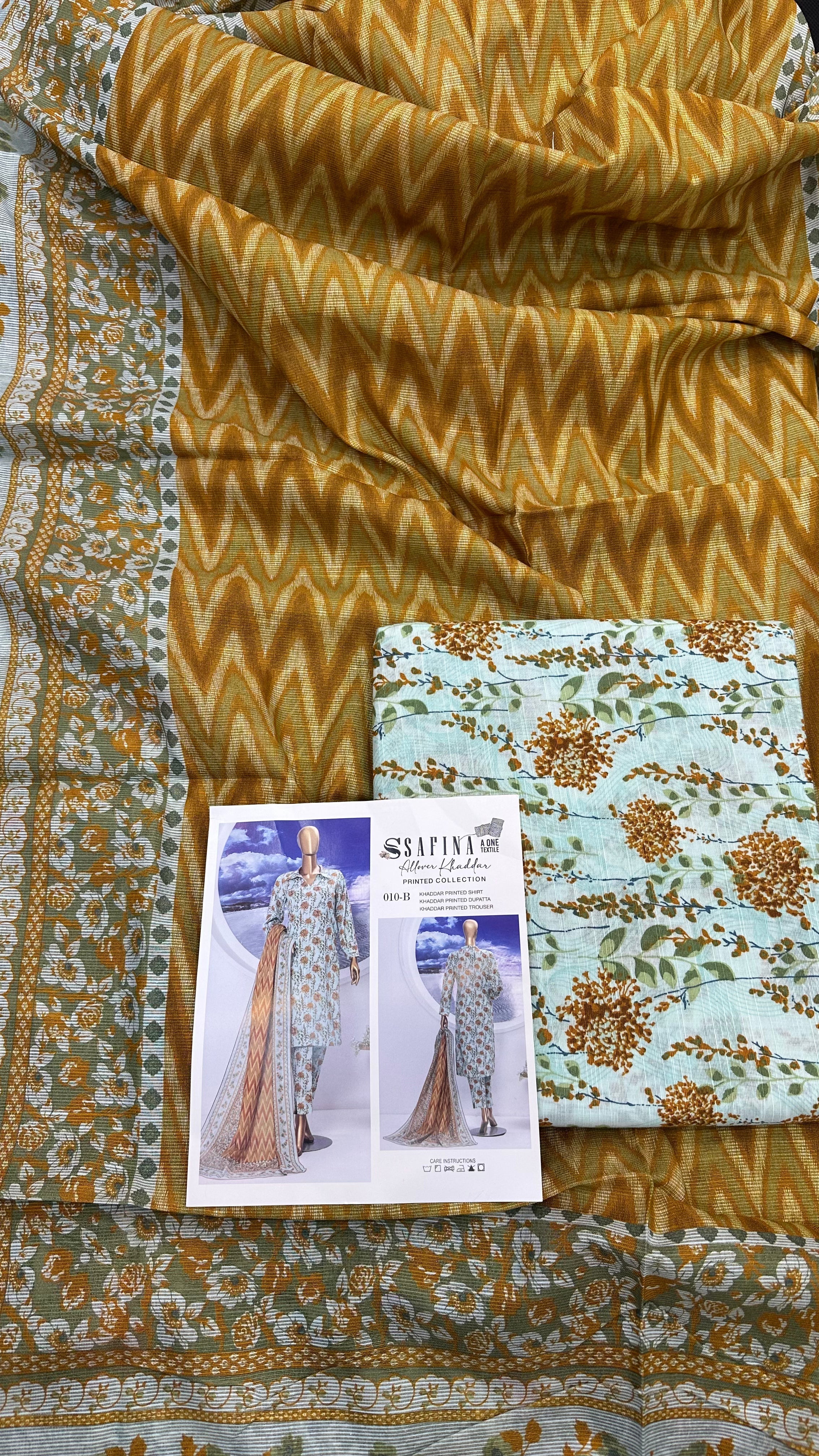 Safina 3pcs unstitched Slub khaddar/cotton 010-B