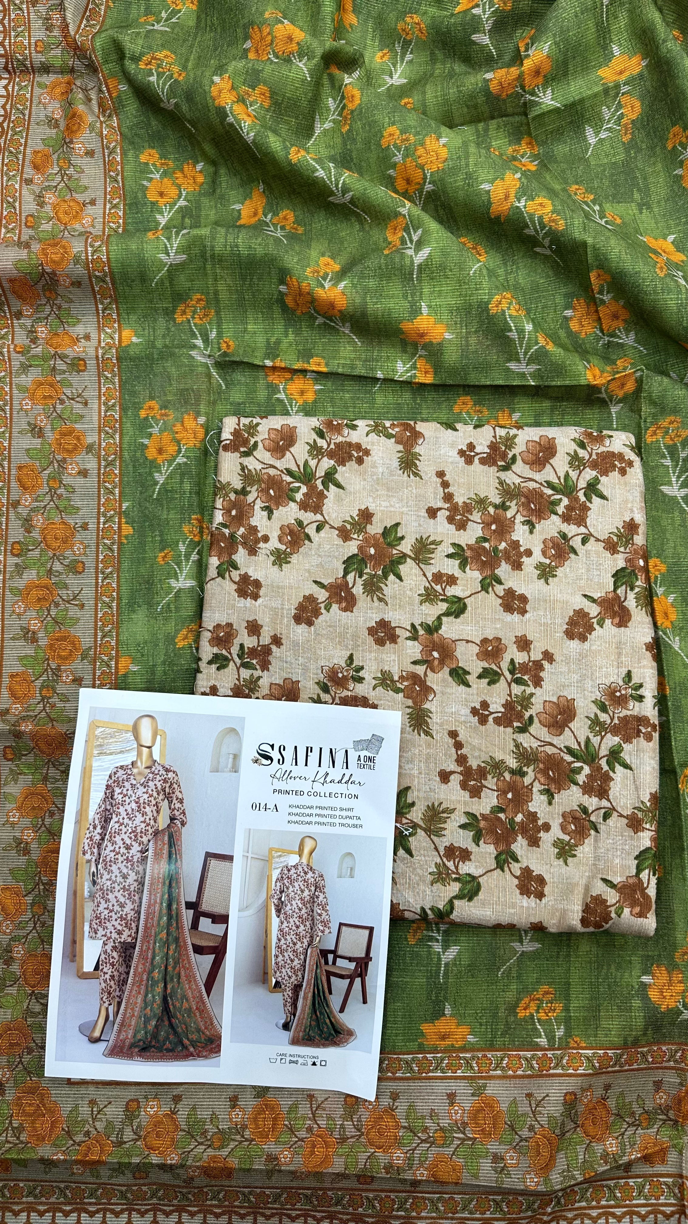 Safina 3pcs unstitched Slub khaddar/Cotton 014-A