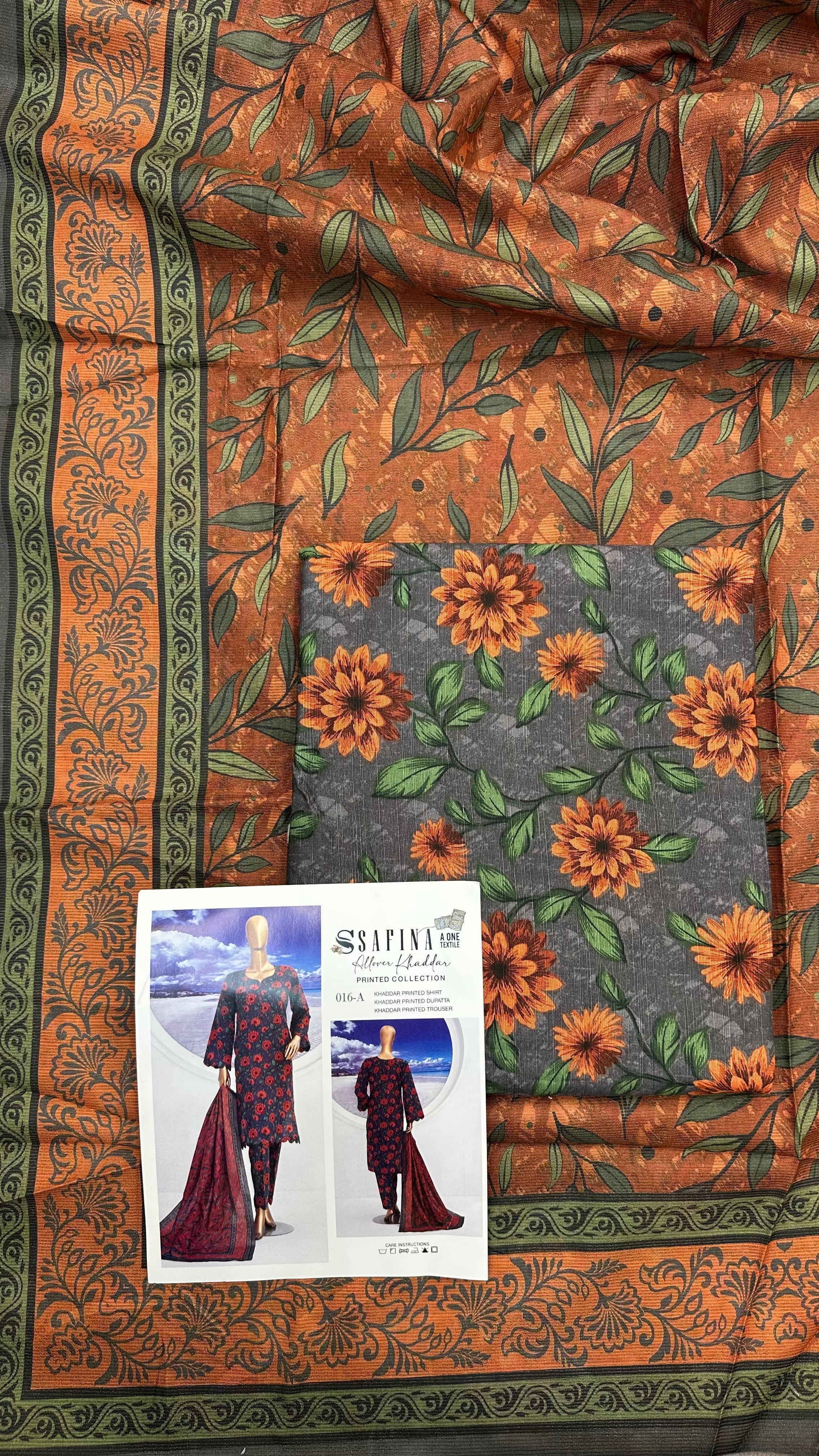 Safina 3pcs unstitched Slub khaddar/cotton 016-A