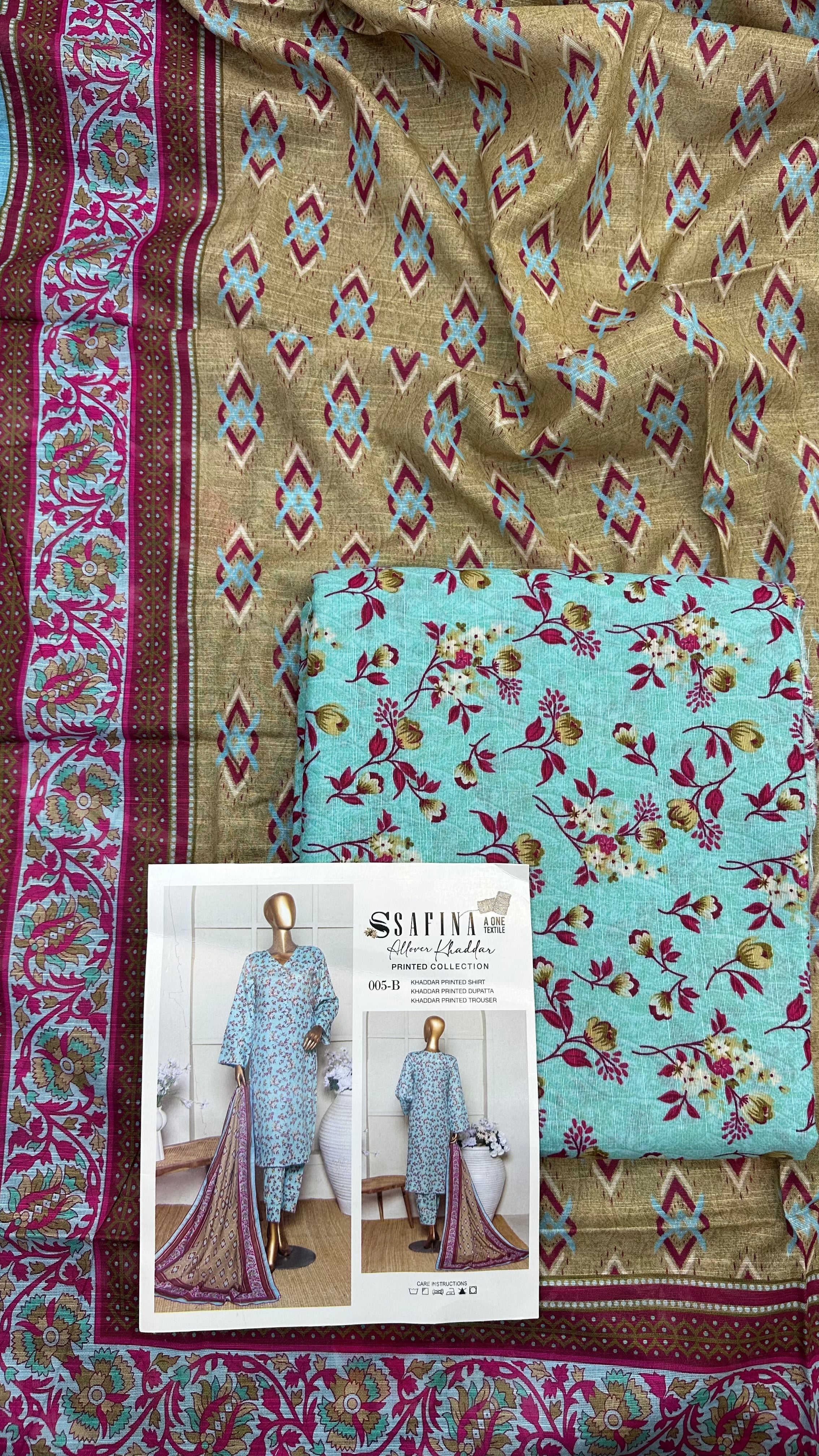 Safina 3pcs unstitched Slub khaddar/cotton 005-B