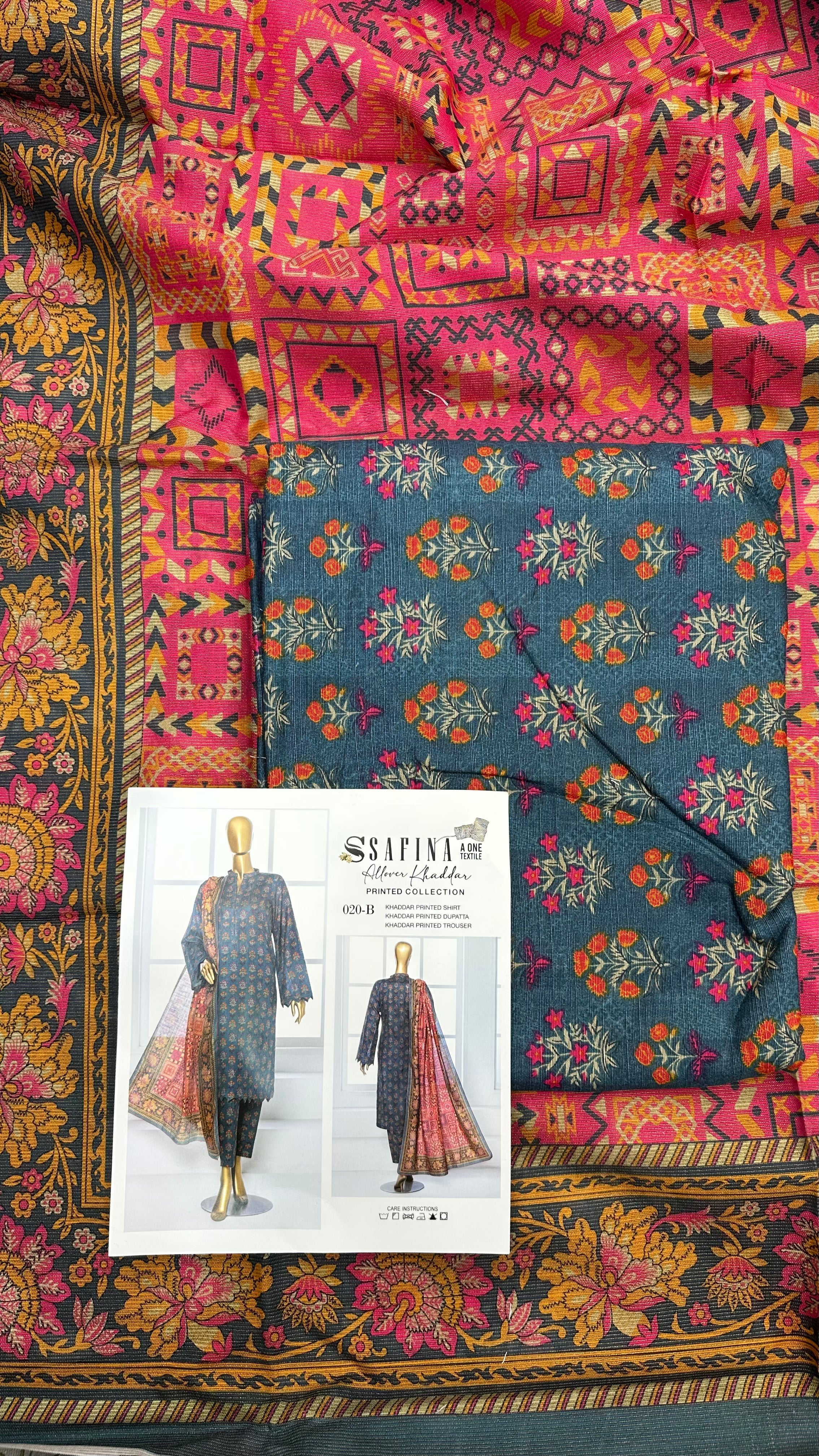 Safina 3pcs unstitched Slub khaddar/cotton 020-B