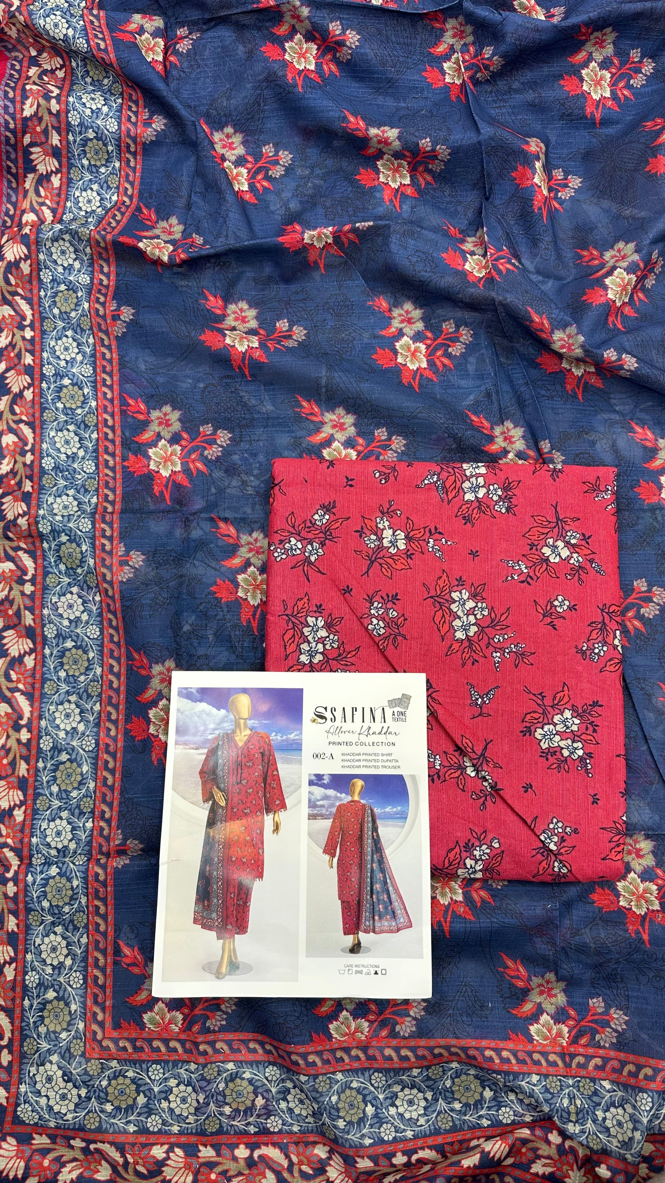 Safina 3pcs unstitched Slub khaddar/cotton 002-A