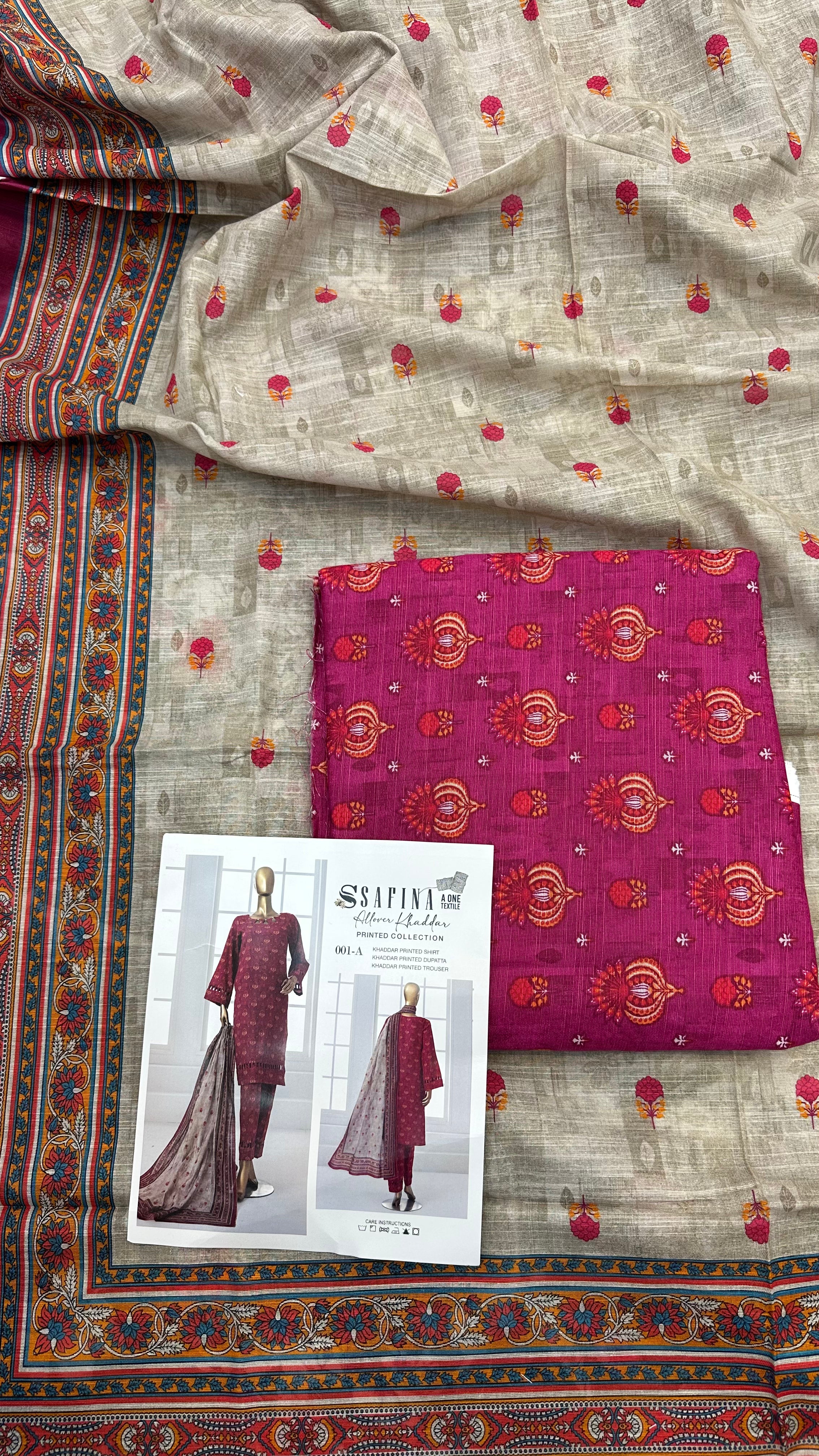 Safina 3pcs unstitched Slub khaddar/cotton 001-A
