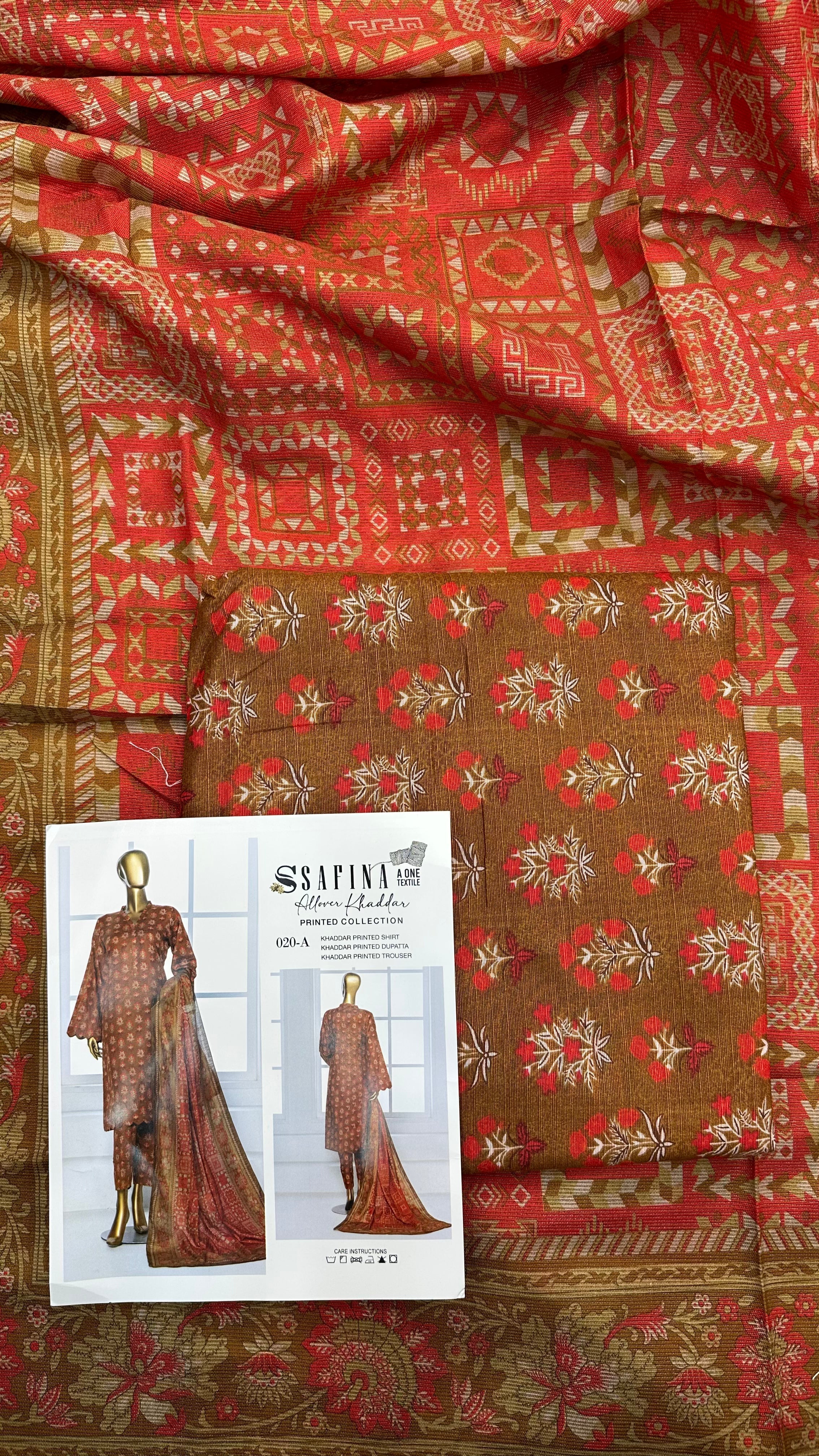 Safina 3pcs unstitched Slub khaddar/cotton 020-A