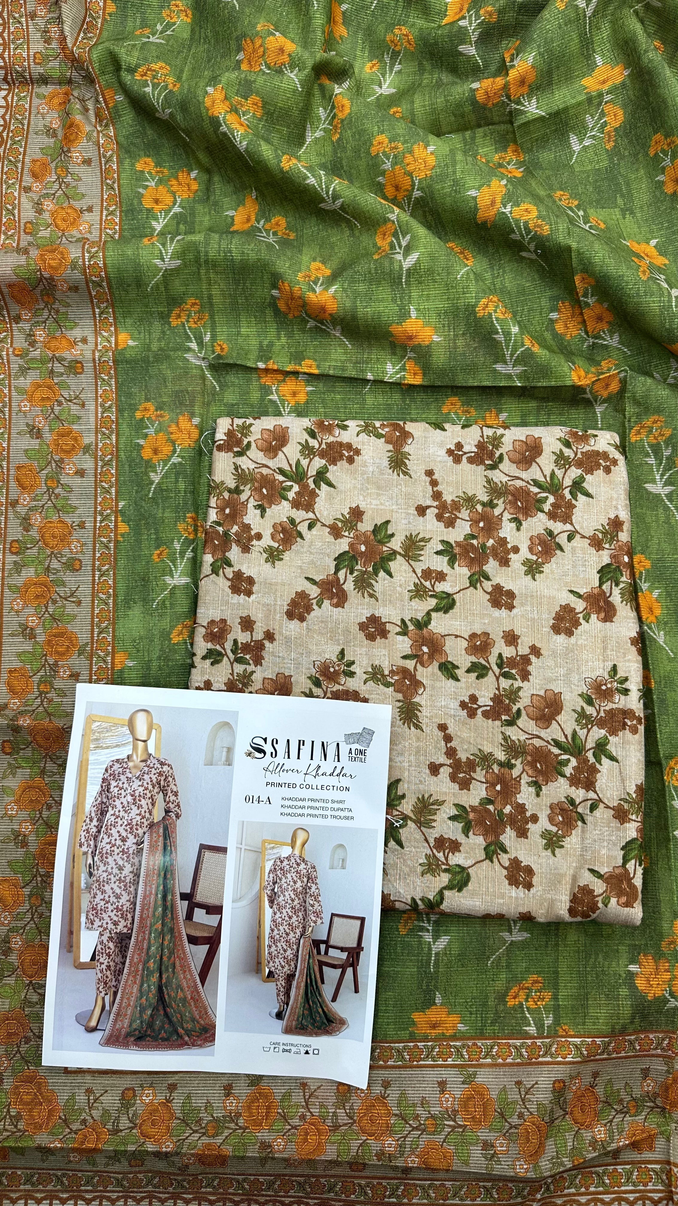 Safina 3pcs unstitched Slub khaddar/Cotton 014-A