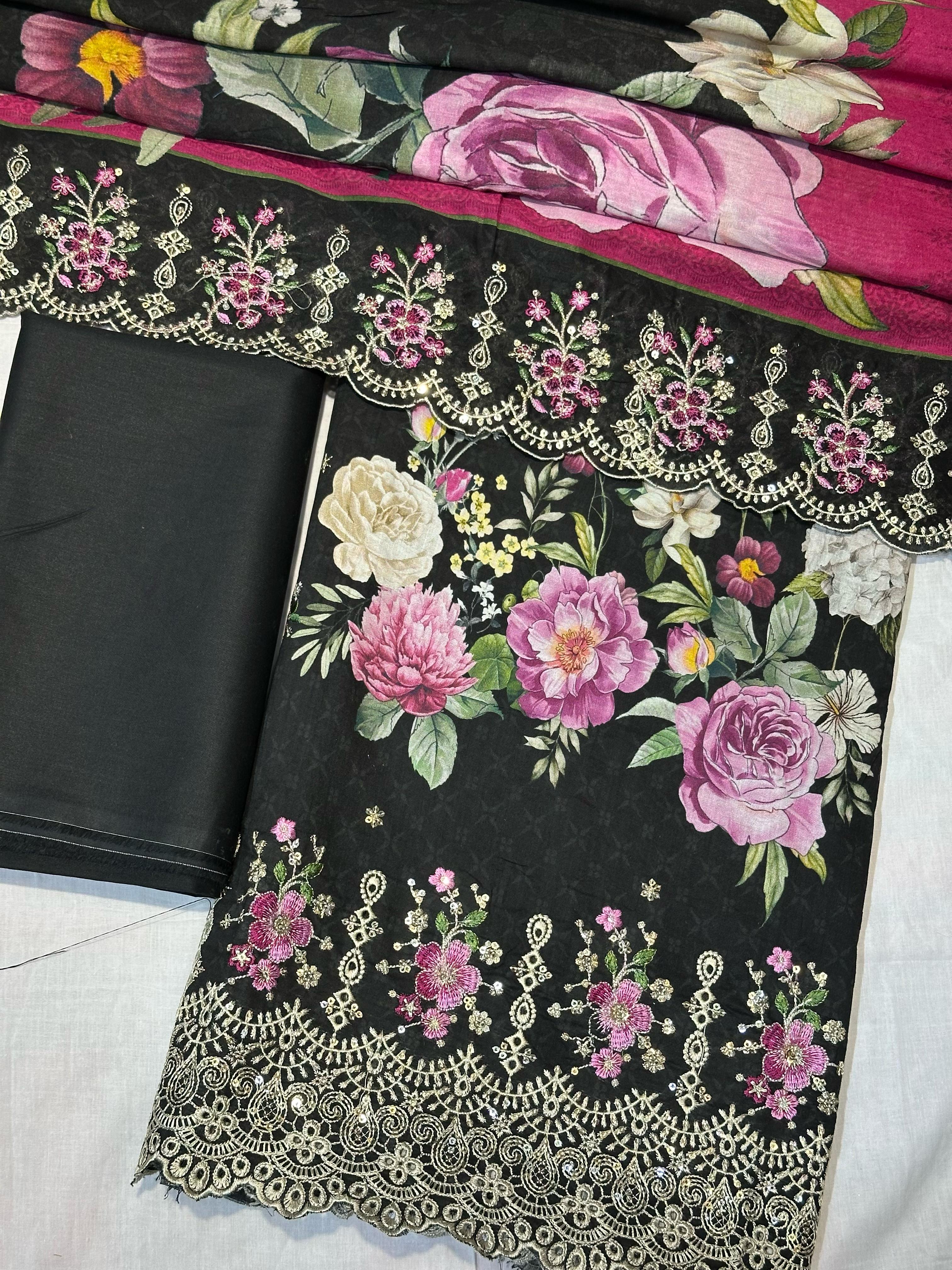 Bin Saeed Embroiderd Lawn Unstitched 3 Piece - AS - 2523 - Black - Summer Collection
