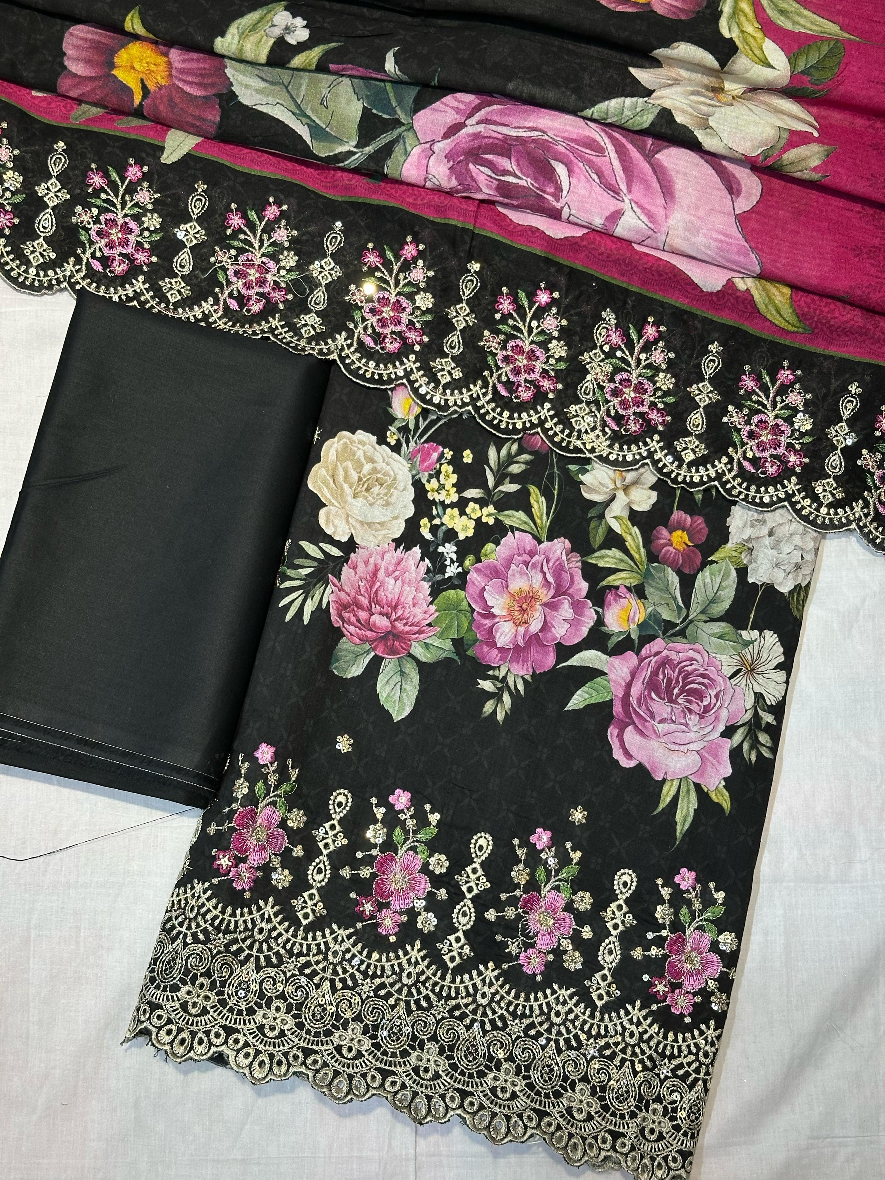 Bin Saeed Embroiderd Lawn Unstitched 3 Piece - AS - 2523 - Black - Summer Collection