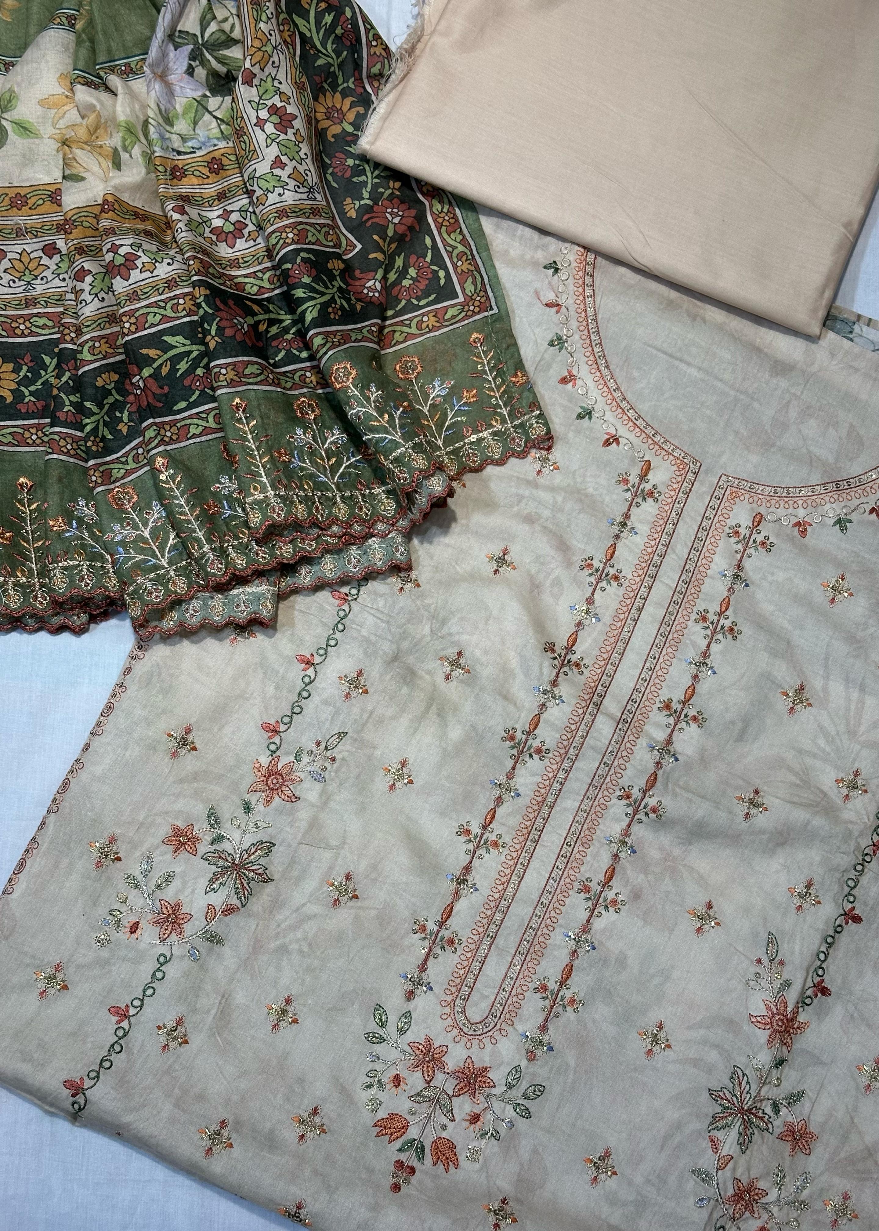Bin Saeed Embroiderd Lawn Unstitched 3 Piece - AS - 2528 - beige - Summer Collection