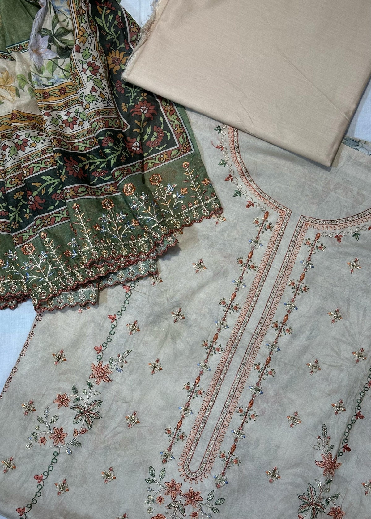 Bin Saeed Embroiderd Lawn Unstitched 3 Piece - AS - 2528 - beige - Summer Collection