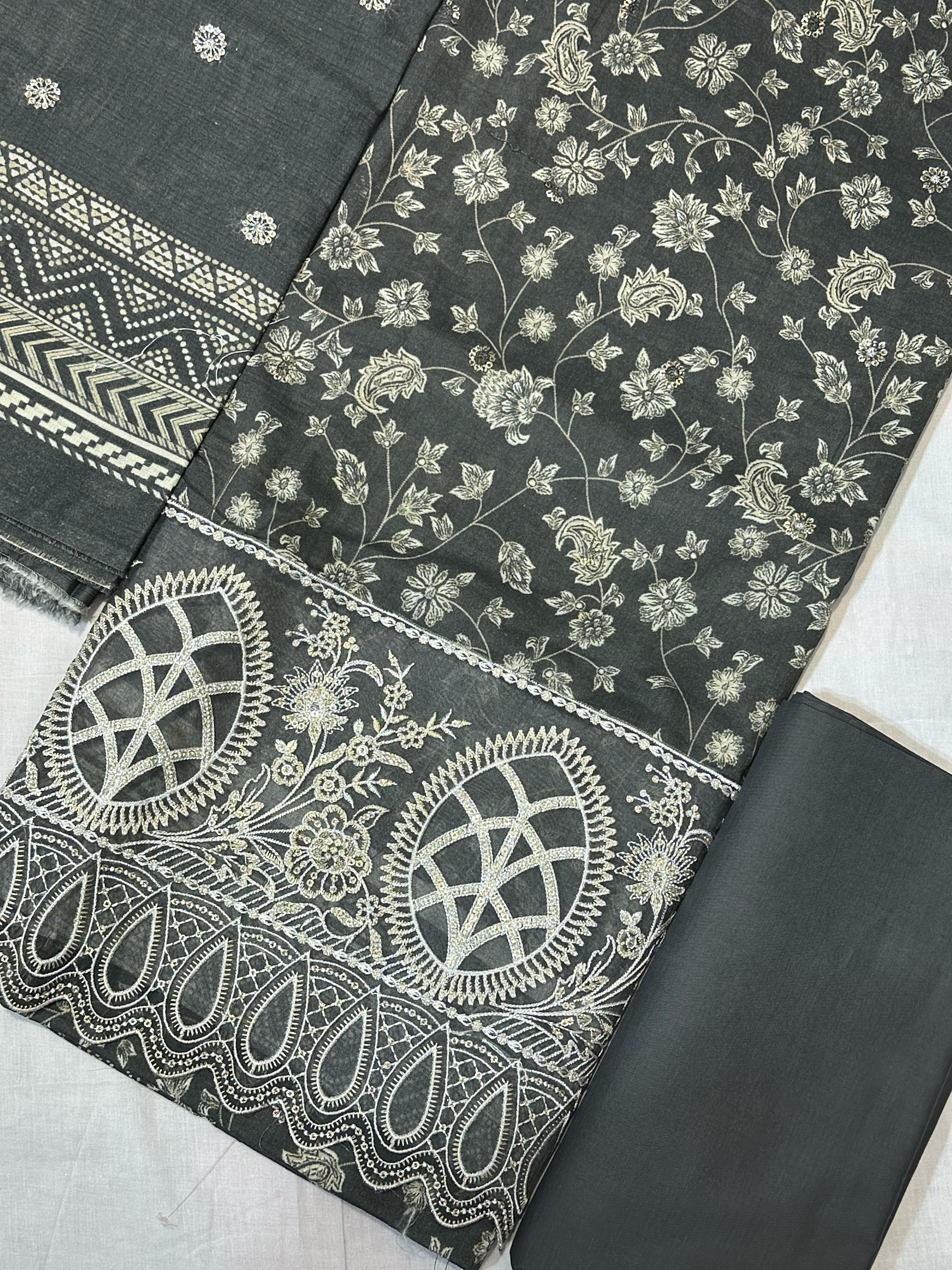 Bin Saeed Embroiderd Lawn Unstitched 3 Piece - AS - 2525 - grey - Summer Collection
