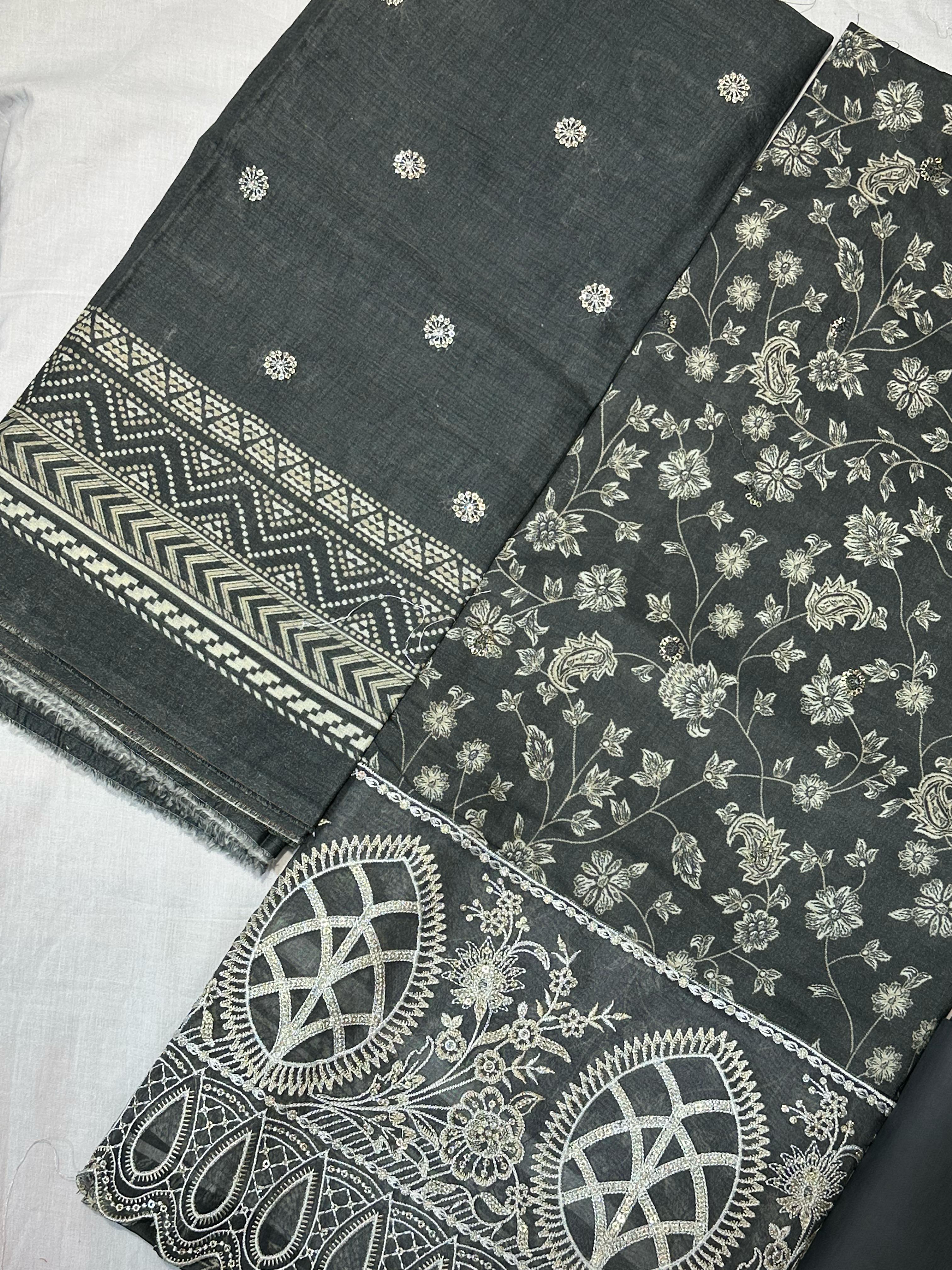 Bin Saeed Embroiderd Lawn Unstitched 3 Piece - AS - 2525 - grey - Summer Collection