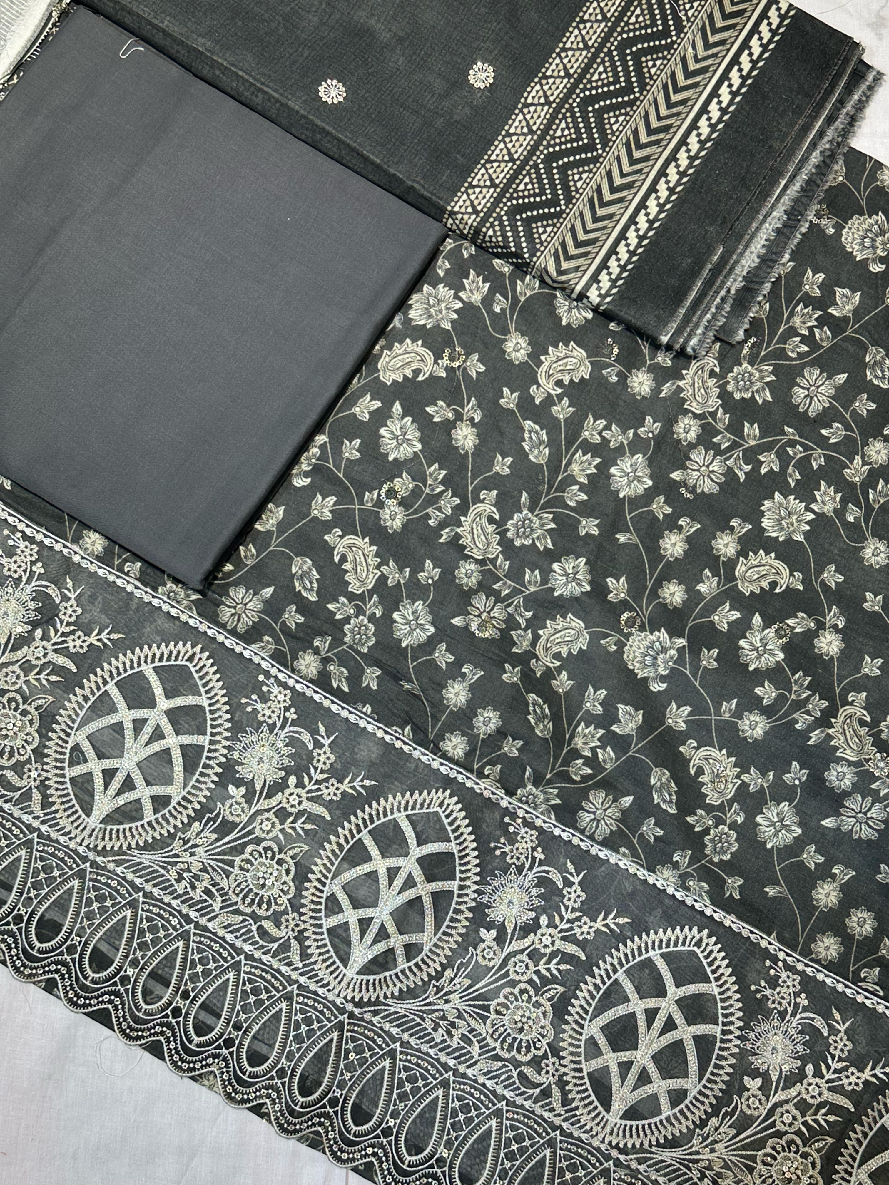 Bin Saeed Embroiderd Lawn Unstitched 3 Piece - AS - 2525 - grey - Summer Collection
