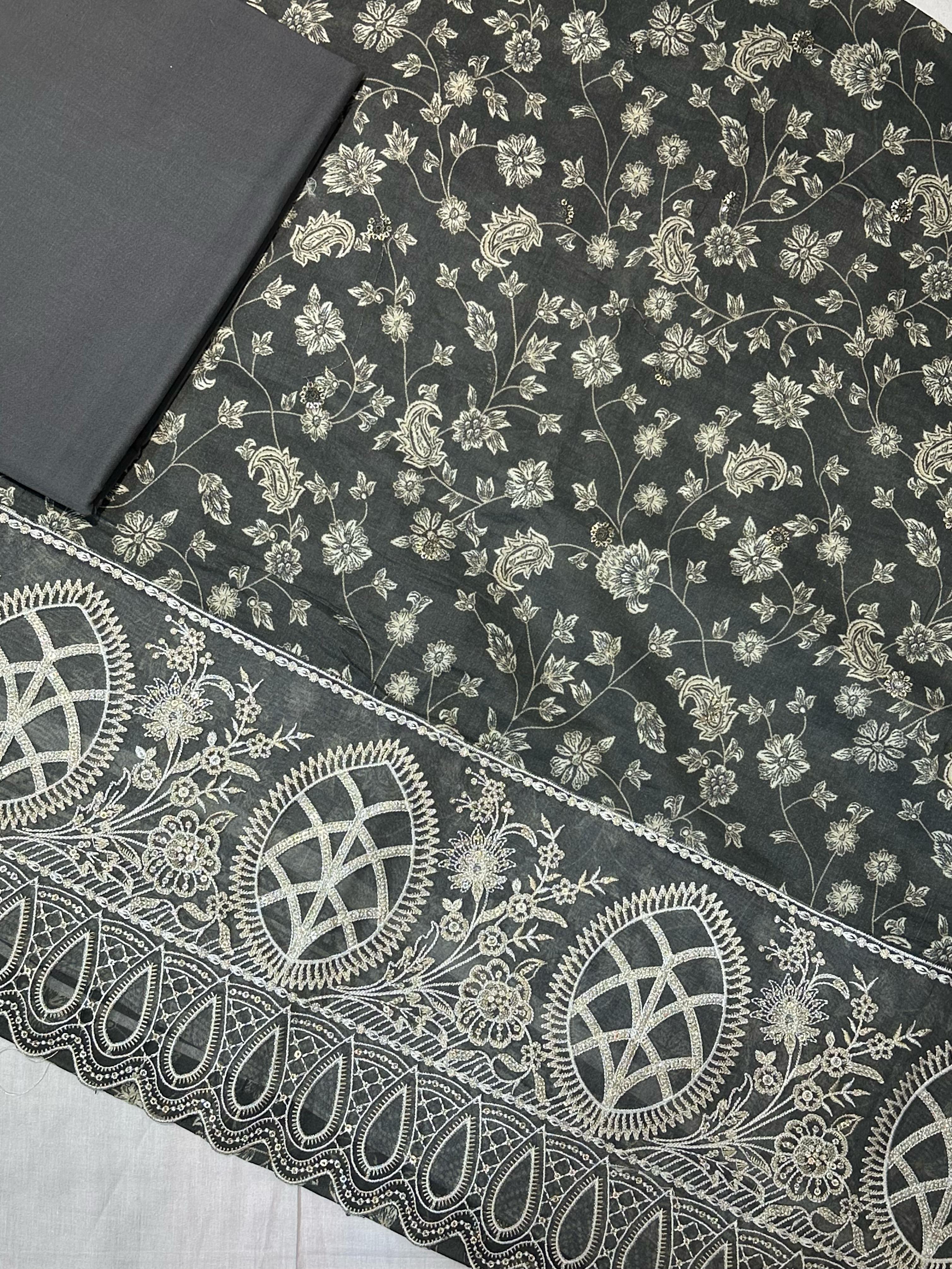 Bin Saeed Embroiderd Lawn Unstitched 3 Piece - AS - 2525 - grey - Summer Collection