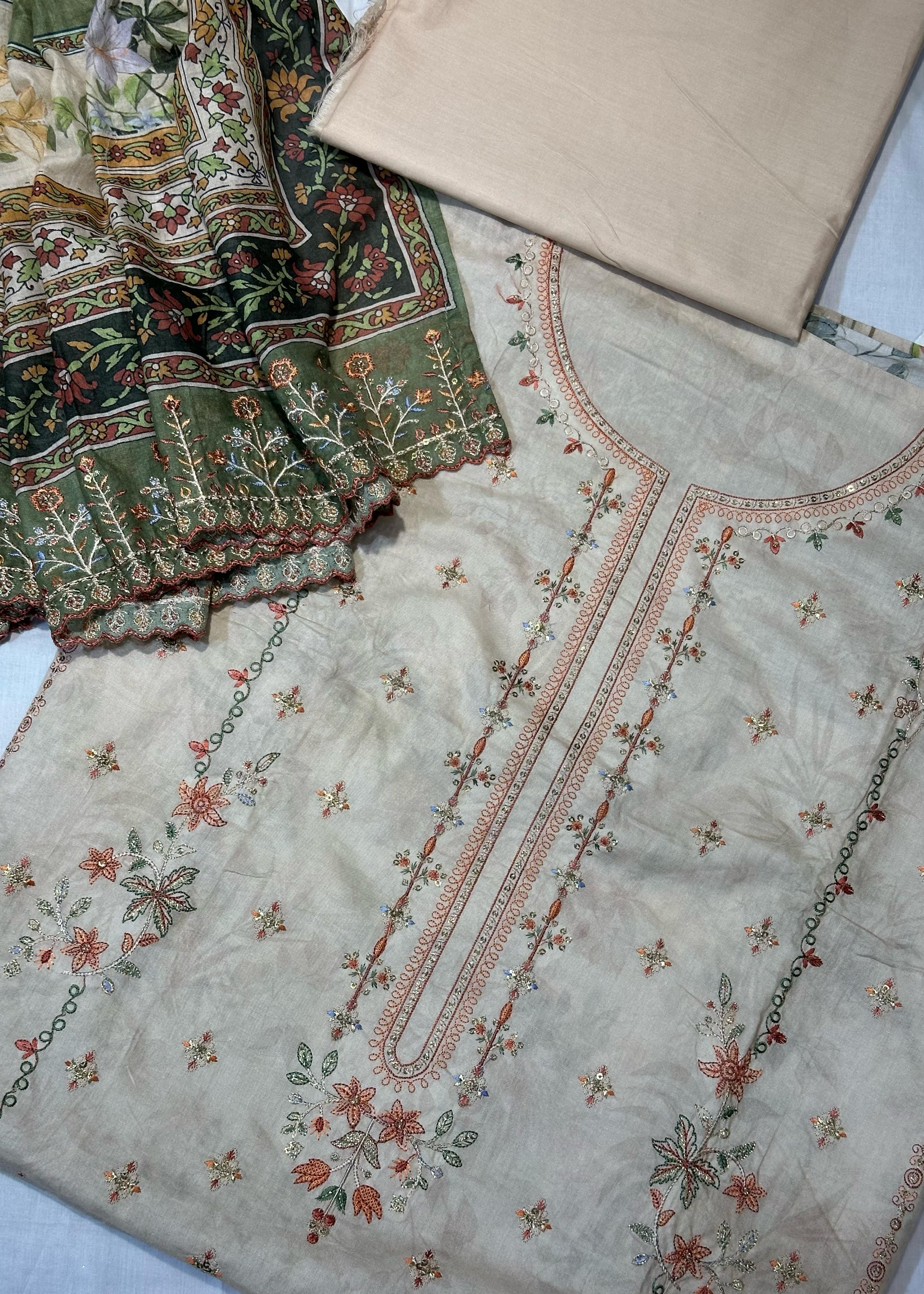 Bin Saeed Embroiderd Lawn Unstitched 3 Piece - AS - 2528 - beige - Summer Collection