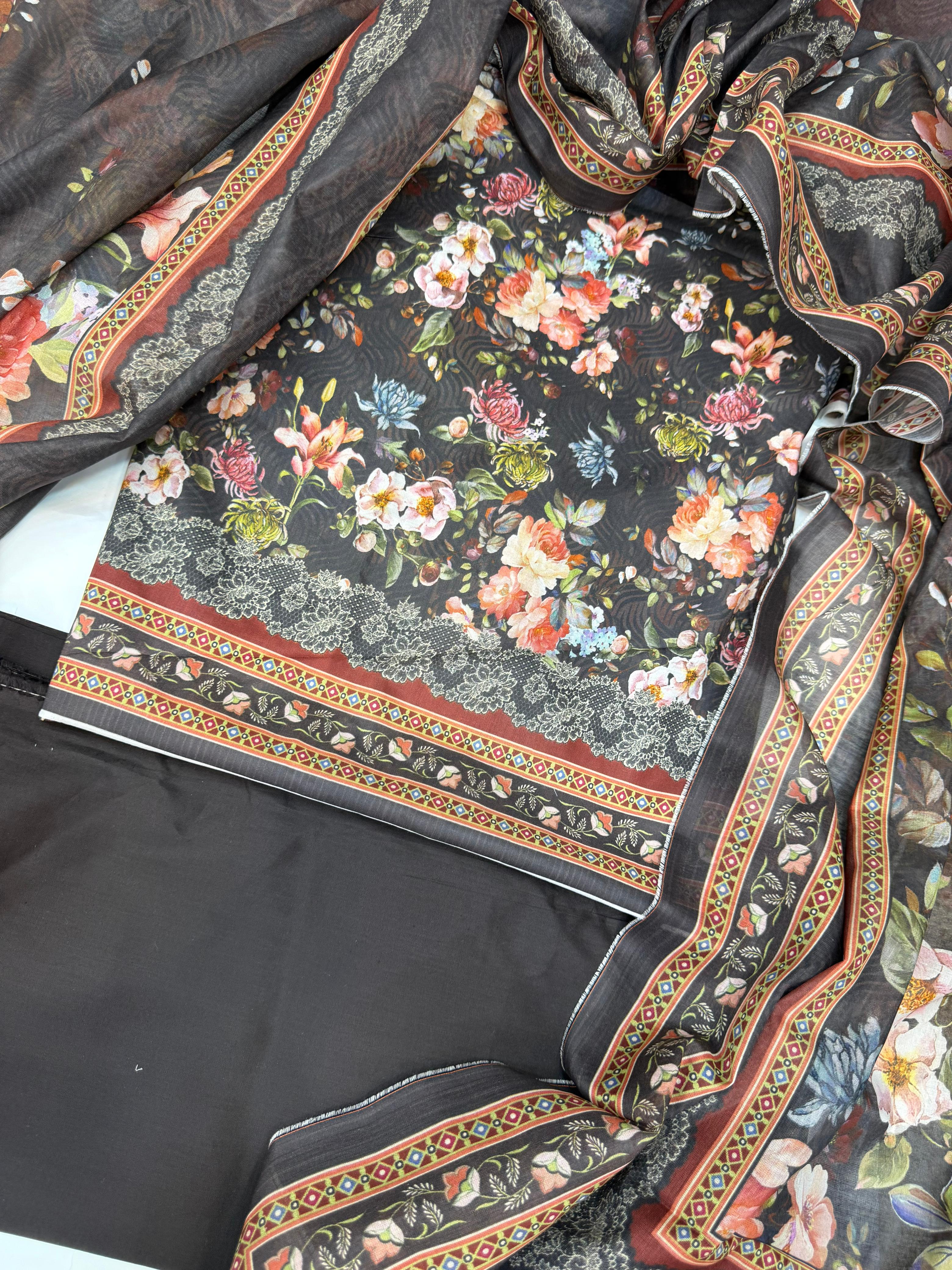 Bin Saeed Digital Printed Cotton Cambric Unstitched 3 Piece Suit - Design-7 - BS25DCC - Black - Summer Collection