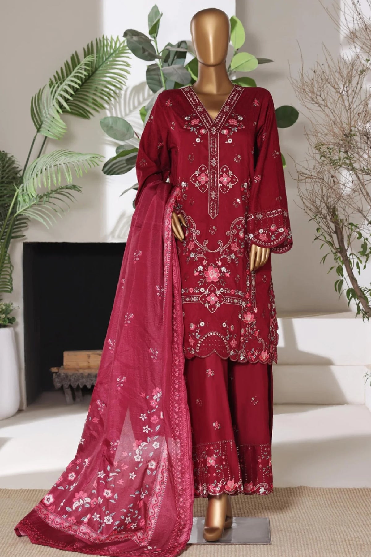 Bin Saeed Stitched 3 Piece Luxury Emb Jacquard Suit-JAQ-3213-MAROON