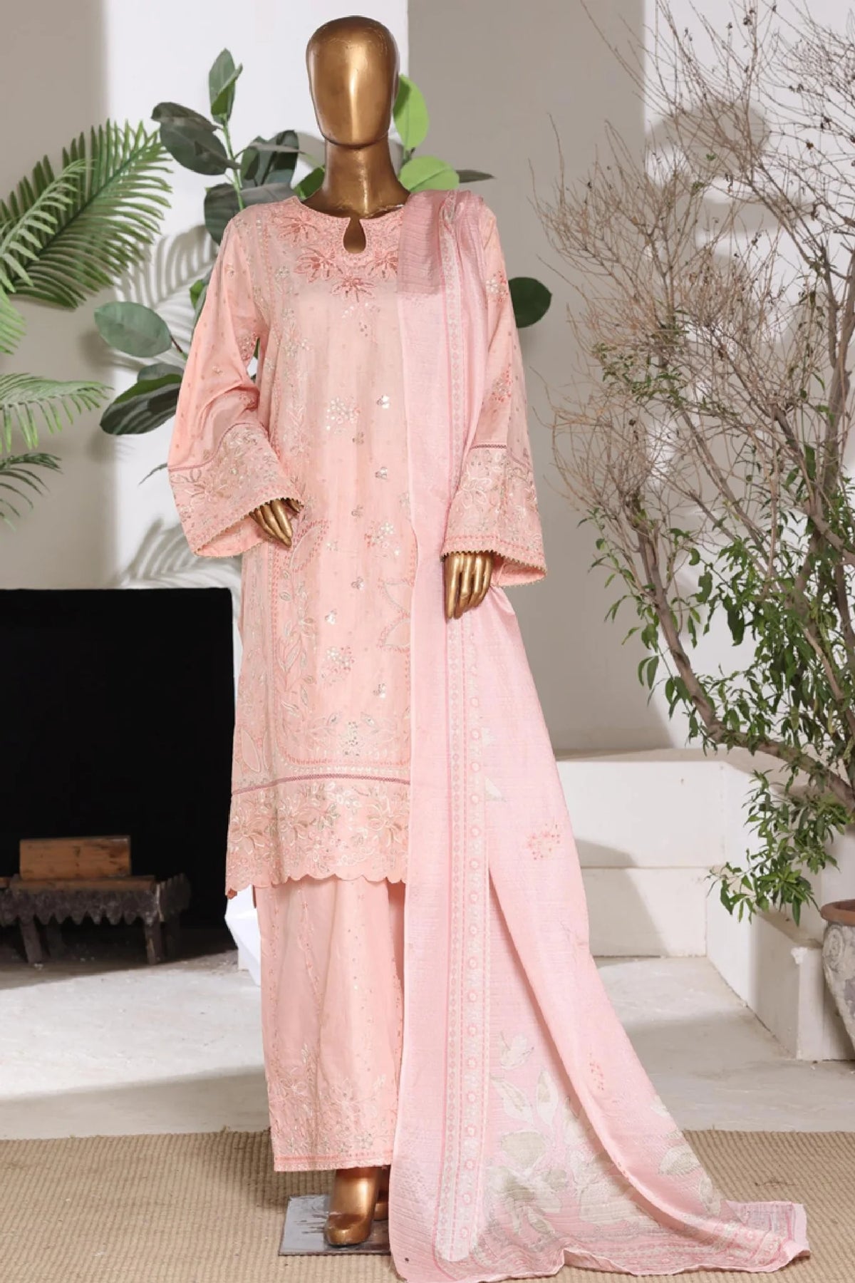 Bin Saeed Stitched 3 Piece Luxury Emb Jacquard Suit-JAQ-3219-PEACH