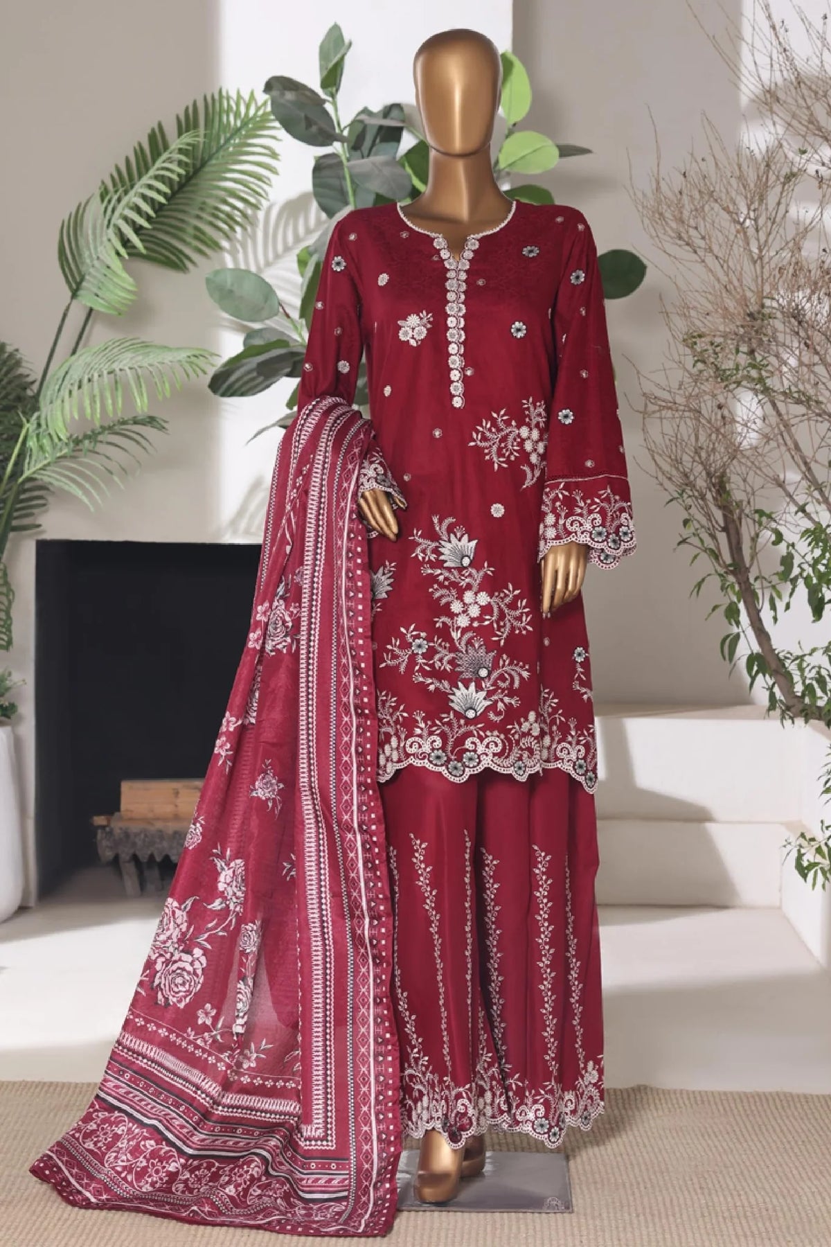 Bin Saeed Stitched 3 Piece Luxury Emb Jacquard Suit-JAQ-3225-MAHROON