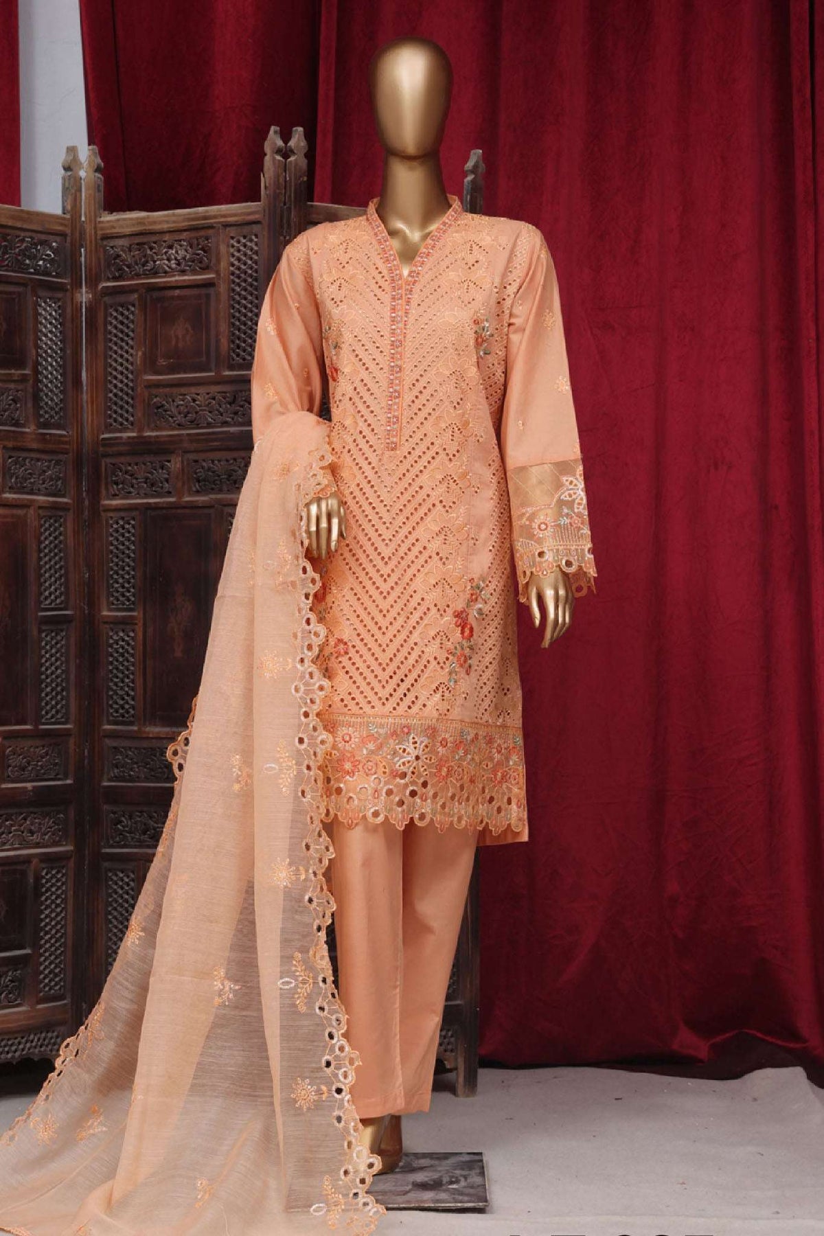 Bin Saeed Stitched 3 Piece Luxury Plain Cotton Vol-01 Collection-AS-1523-Peach