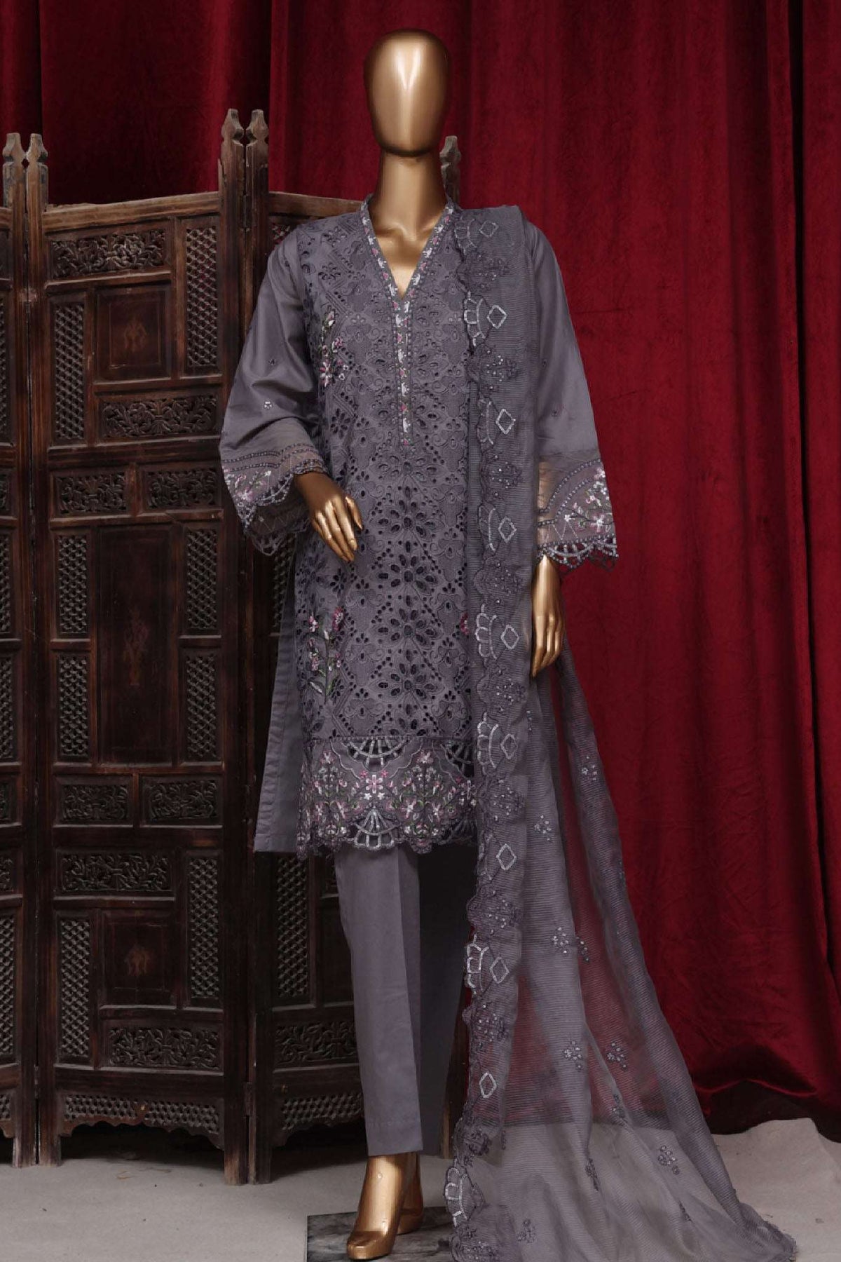 Bin Saeed Stitched 3 Piece Luxury Plain Cotton Vol-01 Collection-AS-1521-Grey