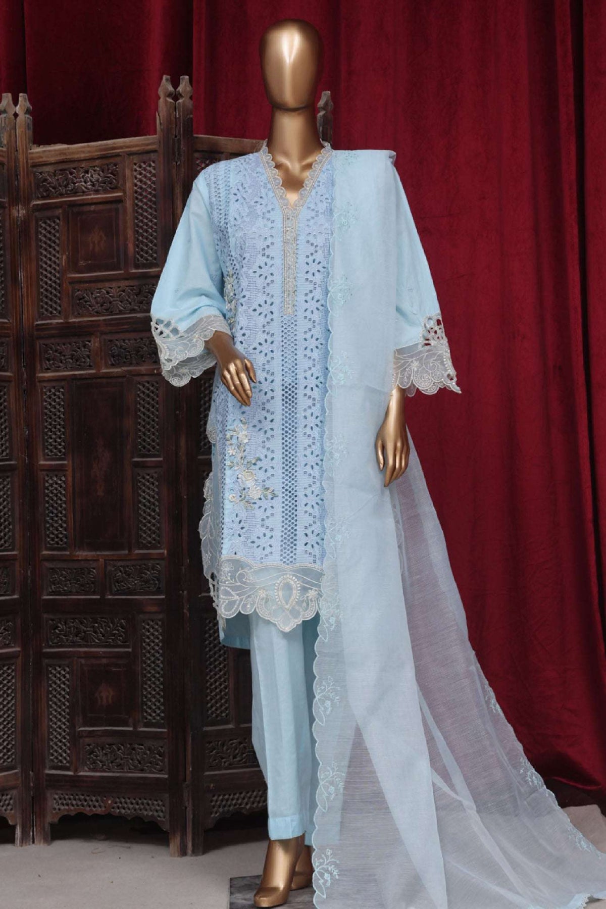 Bin Saeed Stitched 3 Piece Luxury Plain Cotton Vol-01 Collection-AS-1501-A-Sky