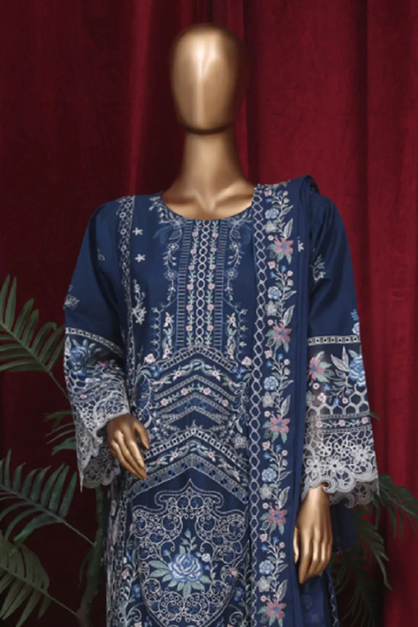 Bin Saeed Stitched 3 Piece Emb Luxury Plain Cotton Vol-02 Collection-LF-1669-Blue